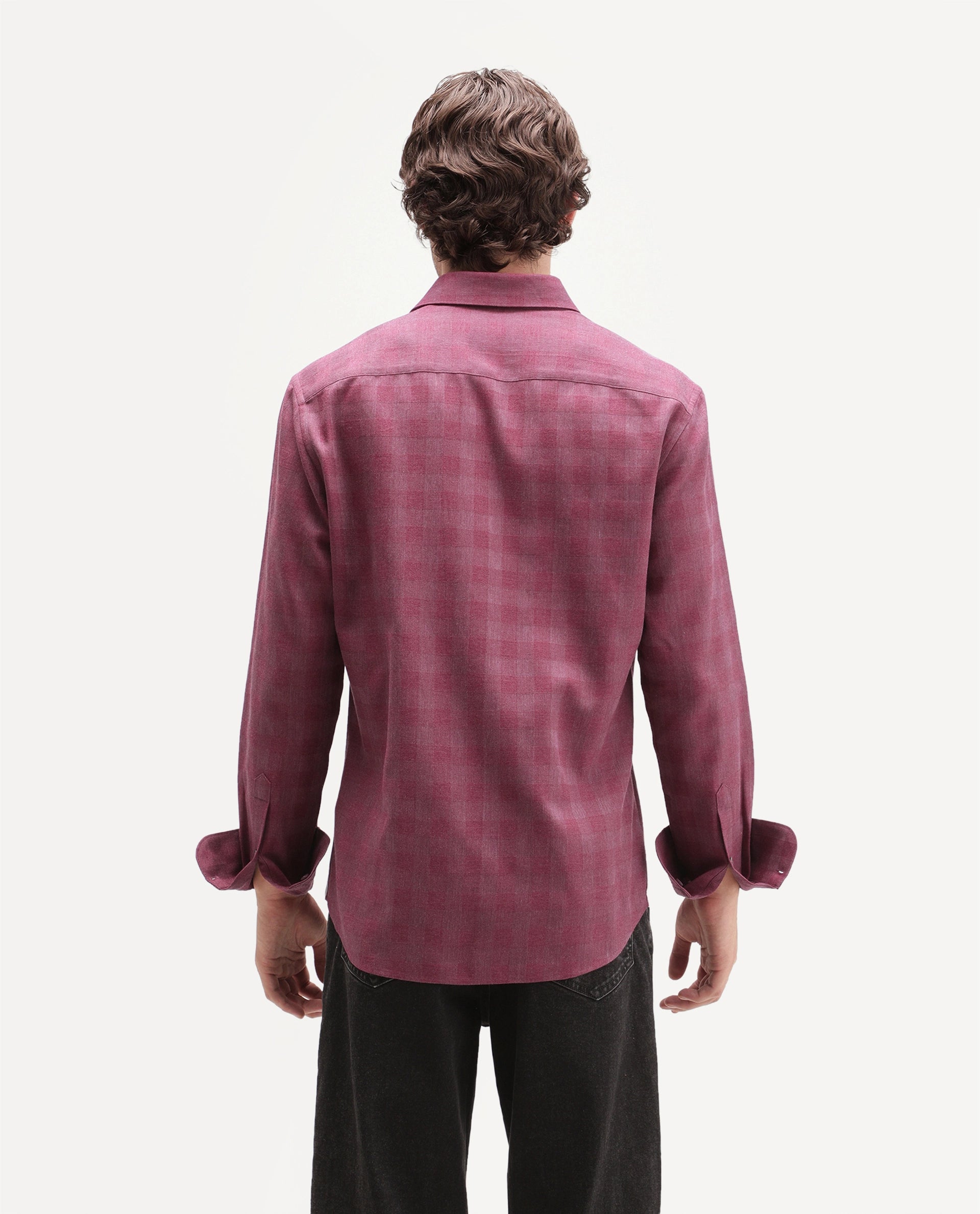 Rare Rabbit Men's Theo Pastel Red Cotton Blend Spread Collar Button Regular Checked Shirt