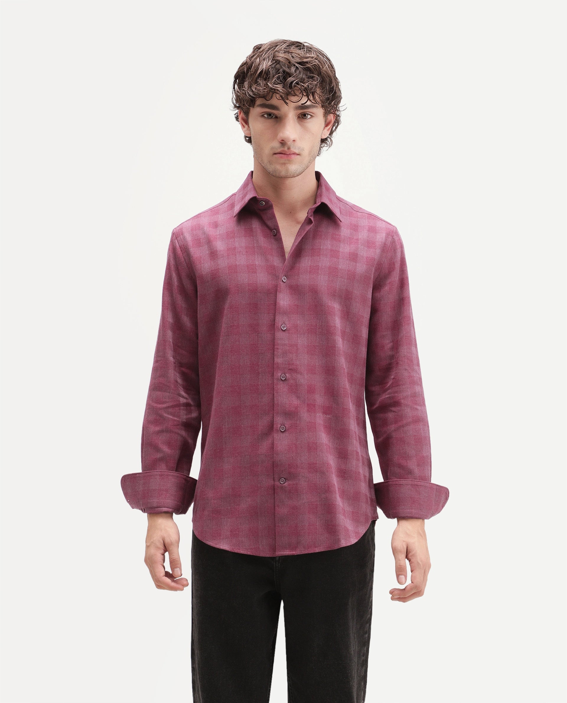 Rare Rabbit Men's Theo Pastel Red Cotton Blend Spread Collar Button Regular Checked Shirt