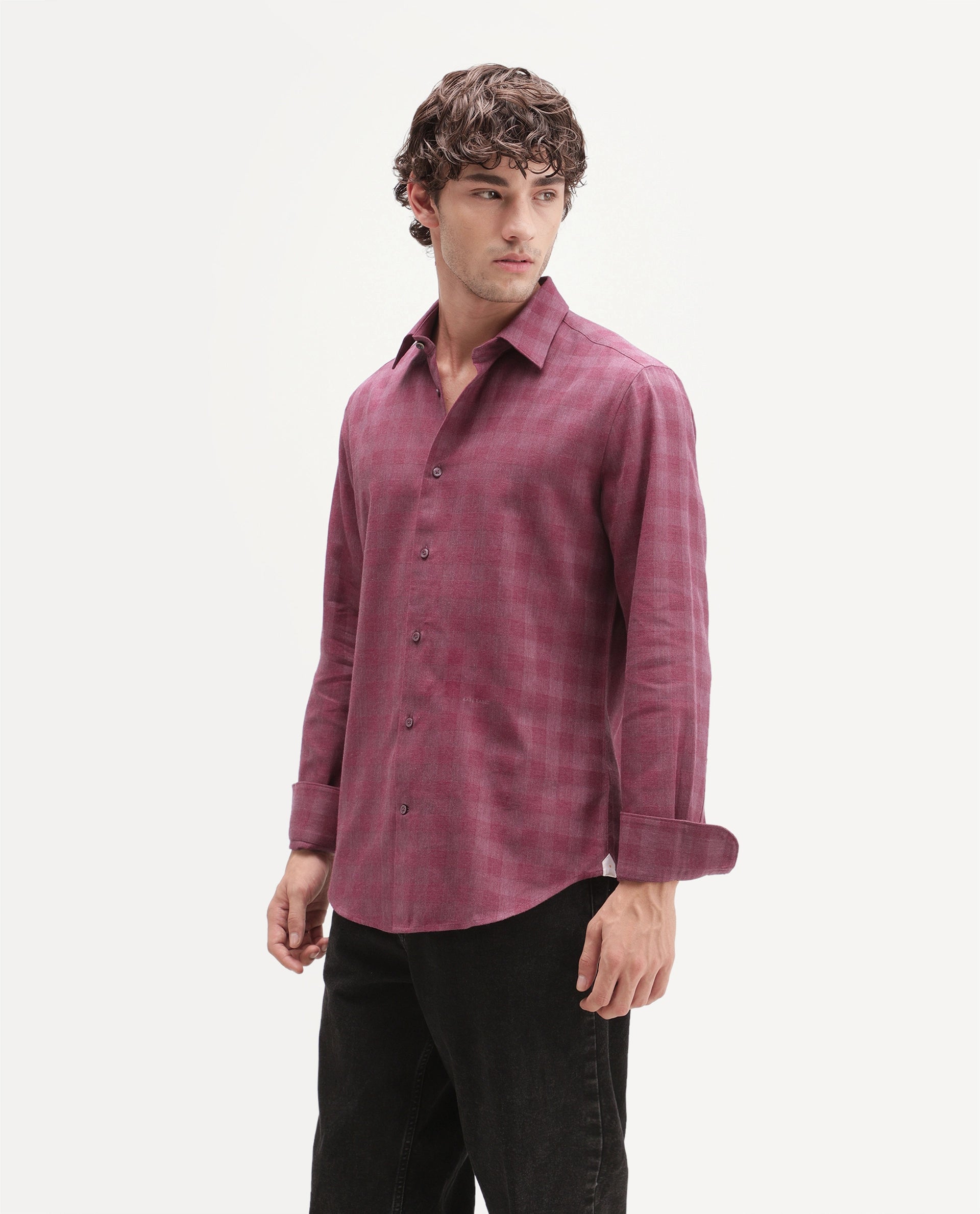 Rare Rabbit Men's Theo Pastel Red Cotton Blend Spread Collar Button Regular Checked Shirt