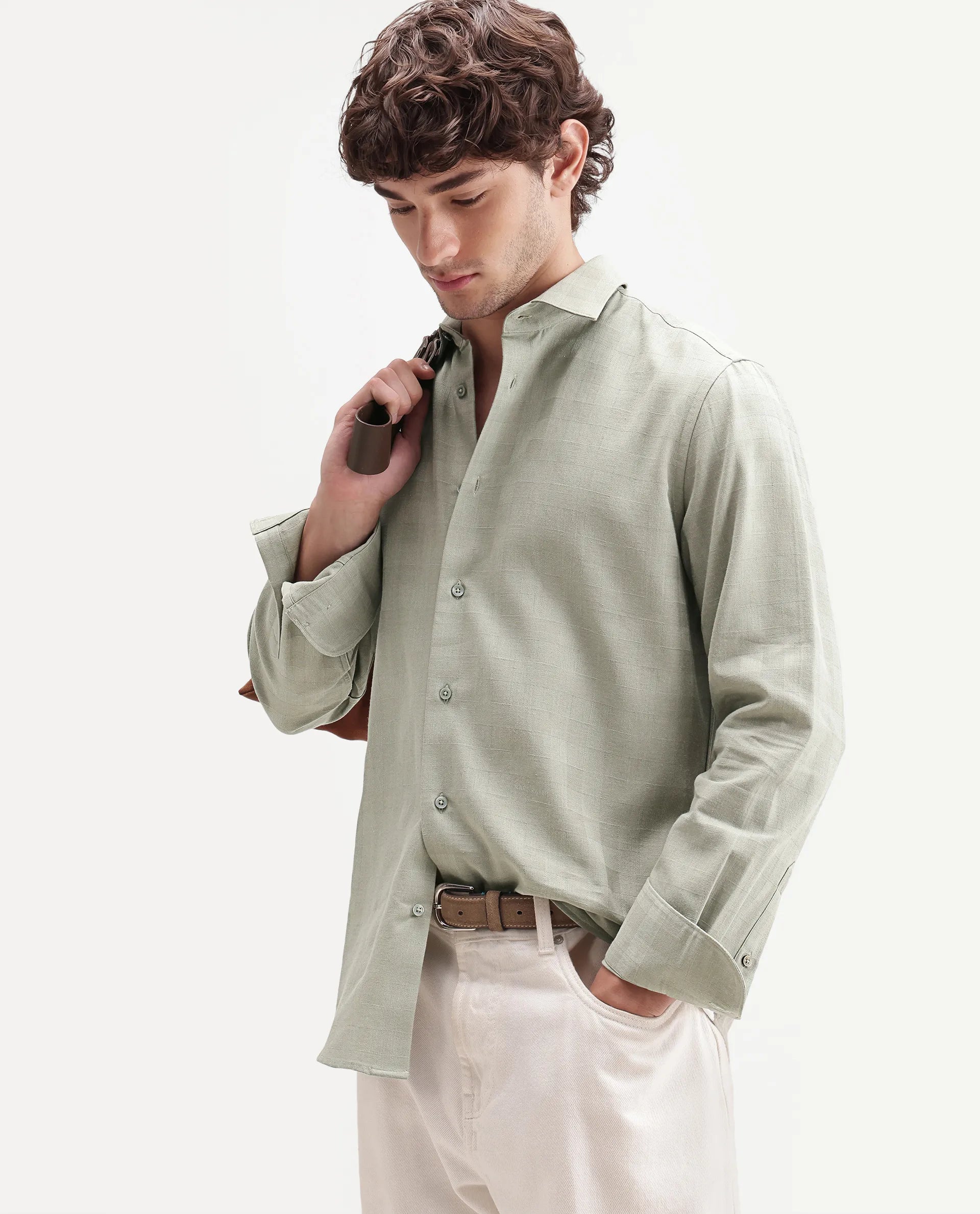 Rare Rabbit Men's Theo Pastel Green Cotton Blend Spread Collar Button Regular Checked Shirt