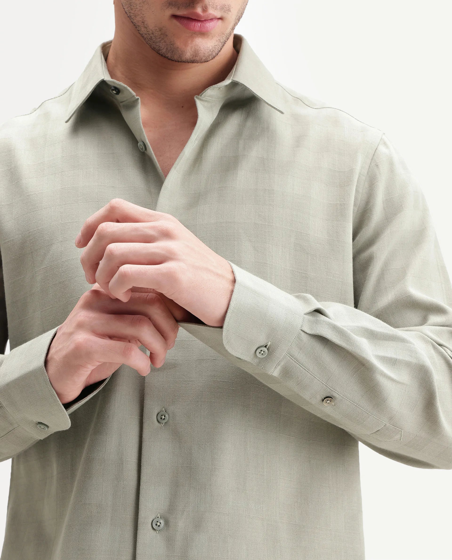 Rare Rabbit Men's Theo Pastel Green Cotton Blend Spread Collar Button Regular Checked Shirt
