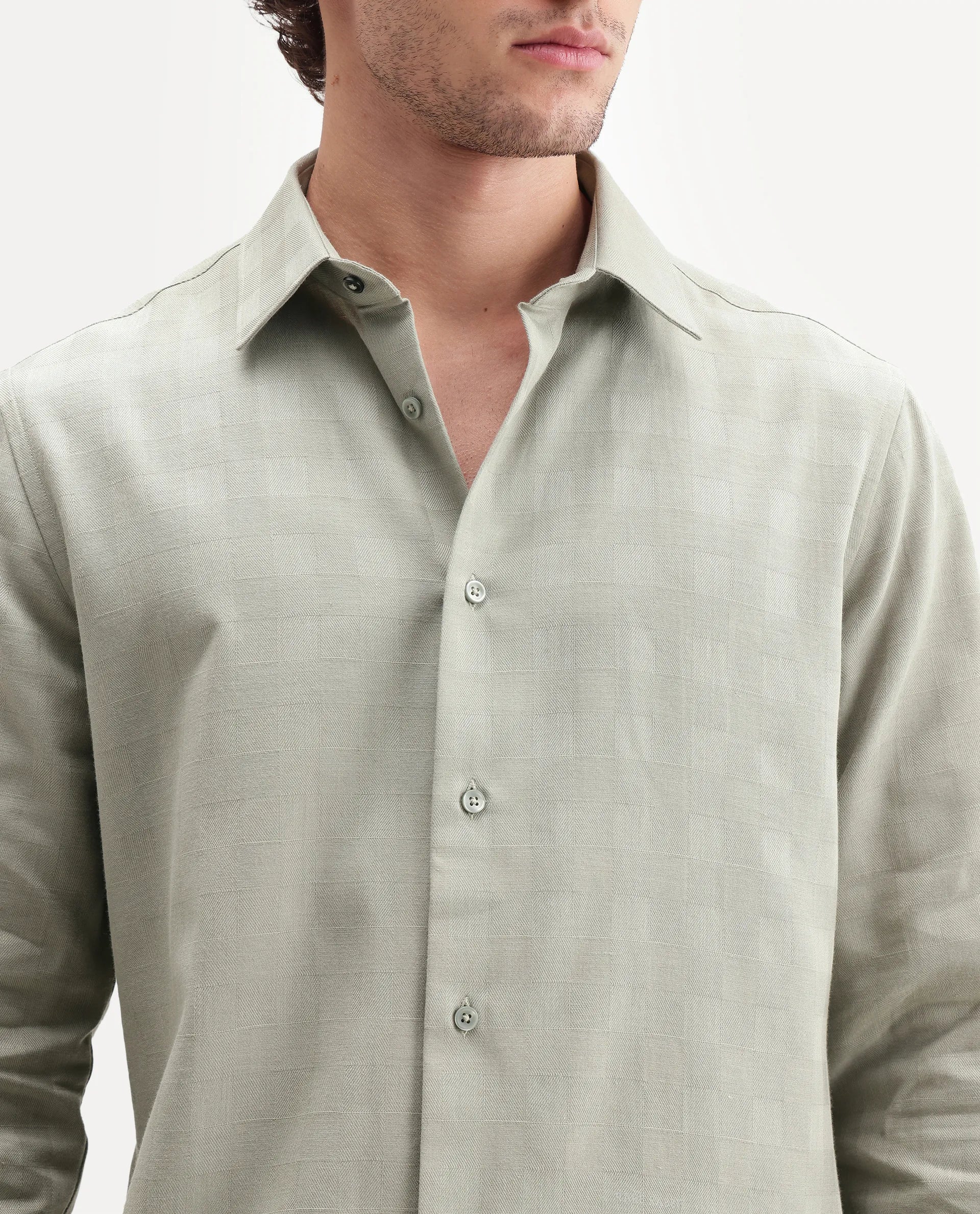Rare Rabbit Men's Theo Pastel Green Cotton Blend Spread Collar Button Regular Checked Shirt