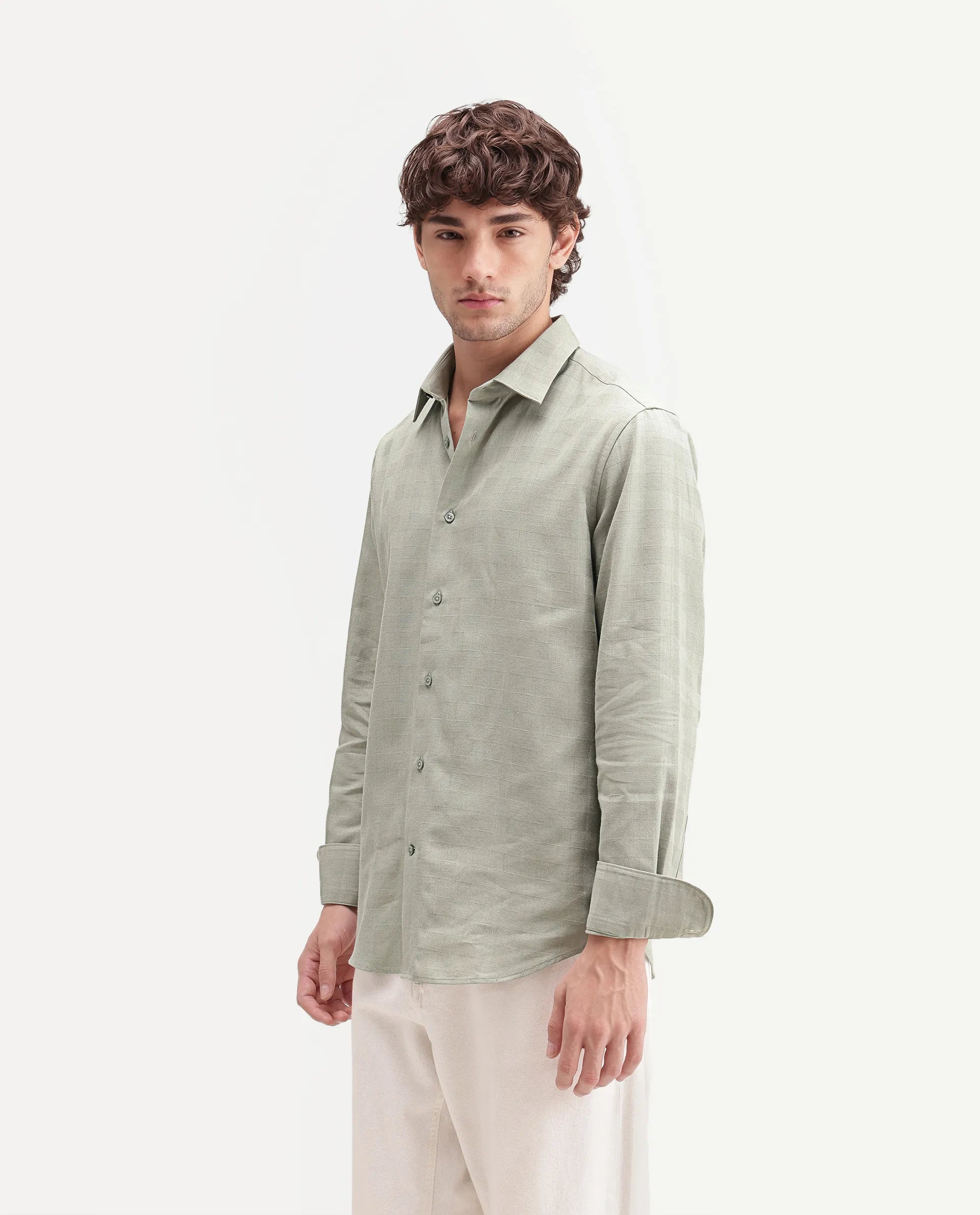 Rare Rabbit Men's Theo Pastel Green Cotton Blend Spread Collar Button Regular Checked Shirt