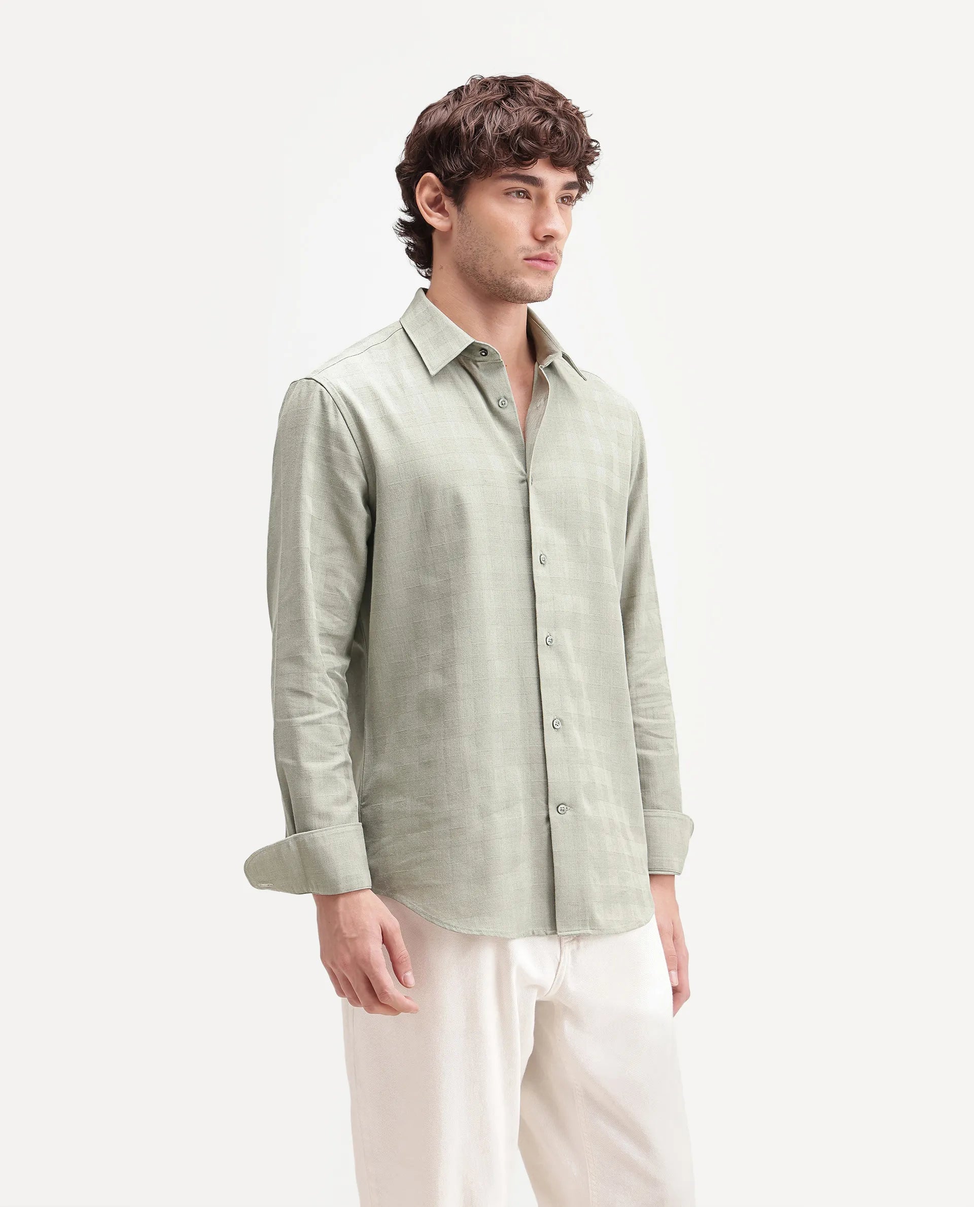 Rare Rabbit Men's Theo Pastel Green Cotton Blend Spread Collar Button Regular Checked Shirt