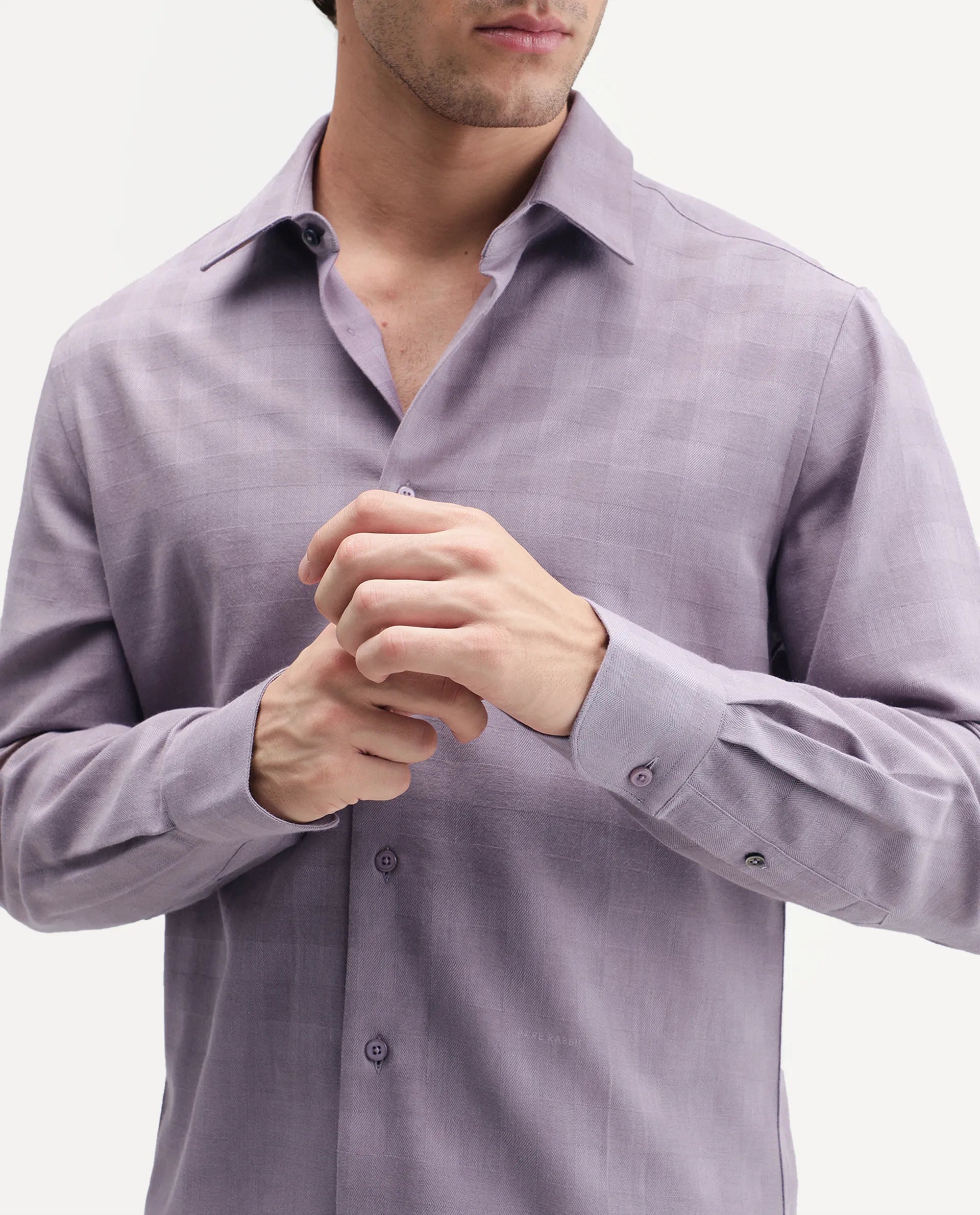 Rare Rabbit Men's Theo Pastel Purple Cotton Blend Spread Collar Button Regular Checked Shirt