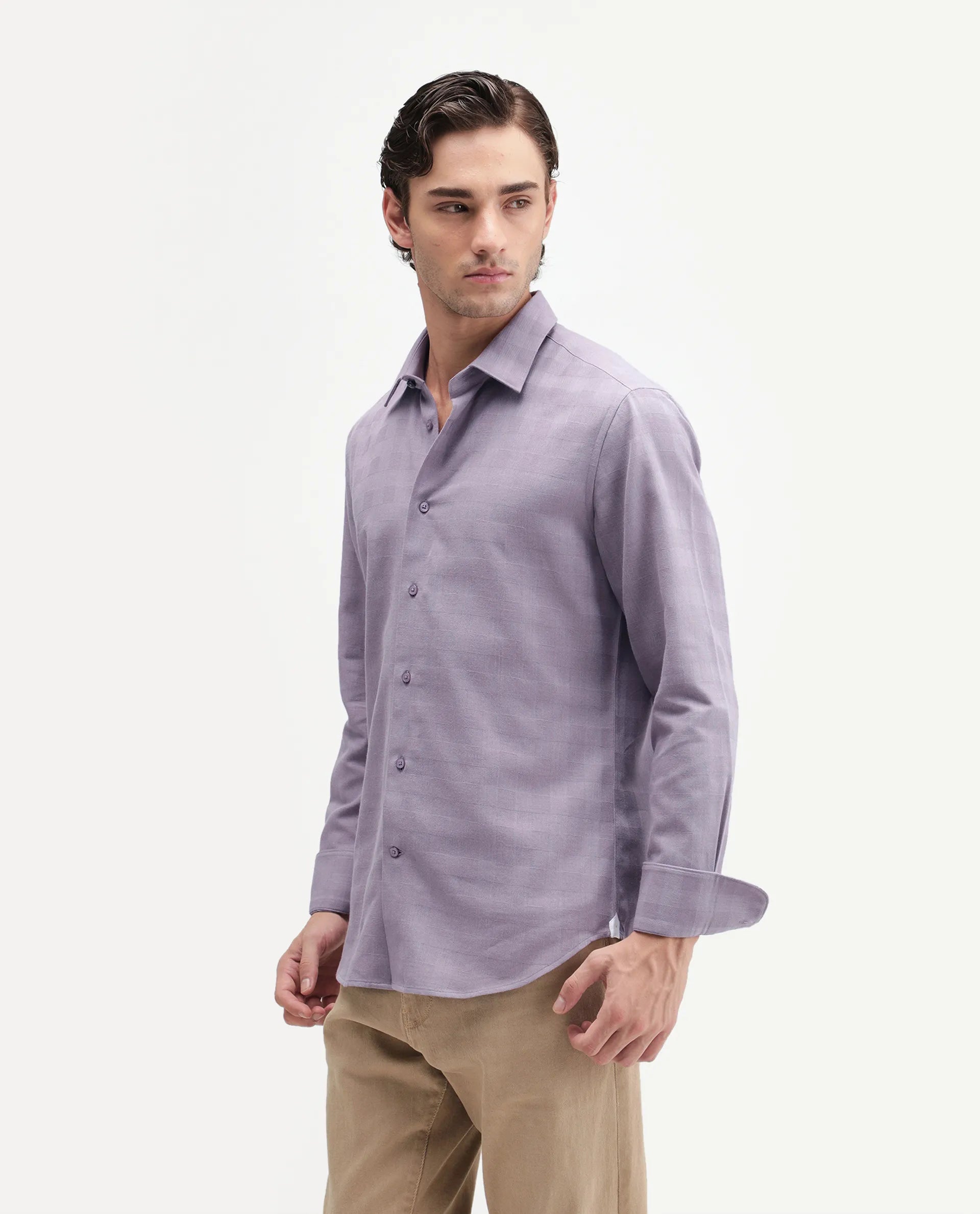 Rare Rabbit Men's Theo Pastel Purple Cotton Blend Spread Collar Button Regular Checked Shirt
