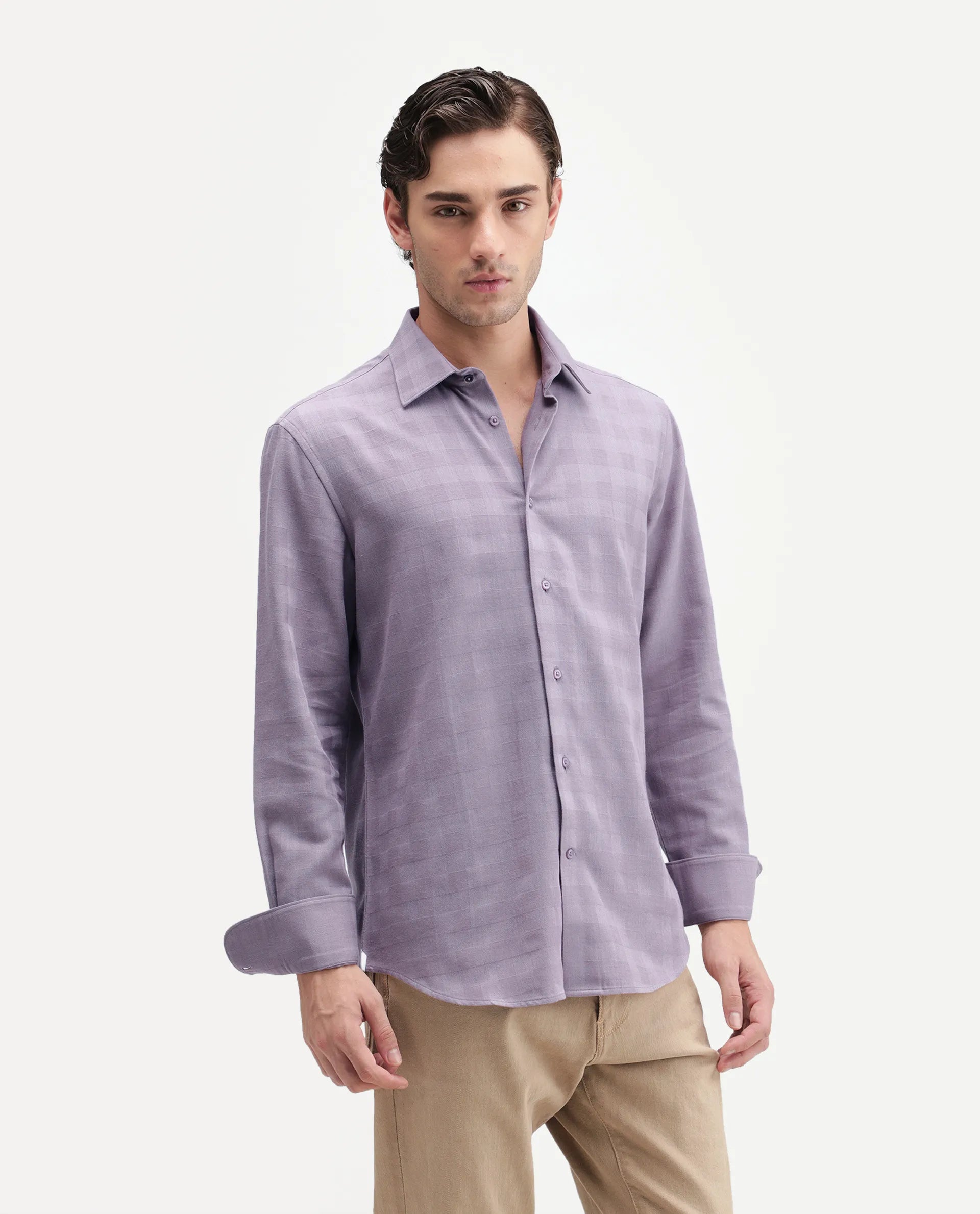 Rare Rabbit Men's Theo Pastel Purple Cotton Blend Spread Collar Button Regular Checked Shirt