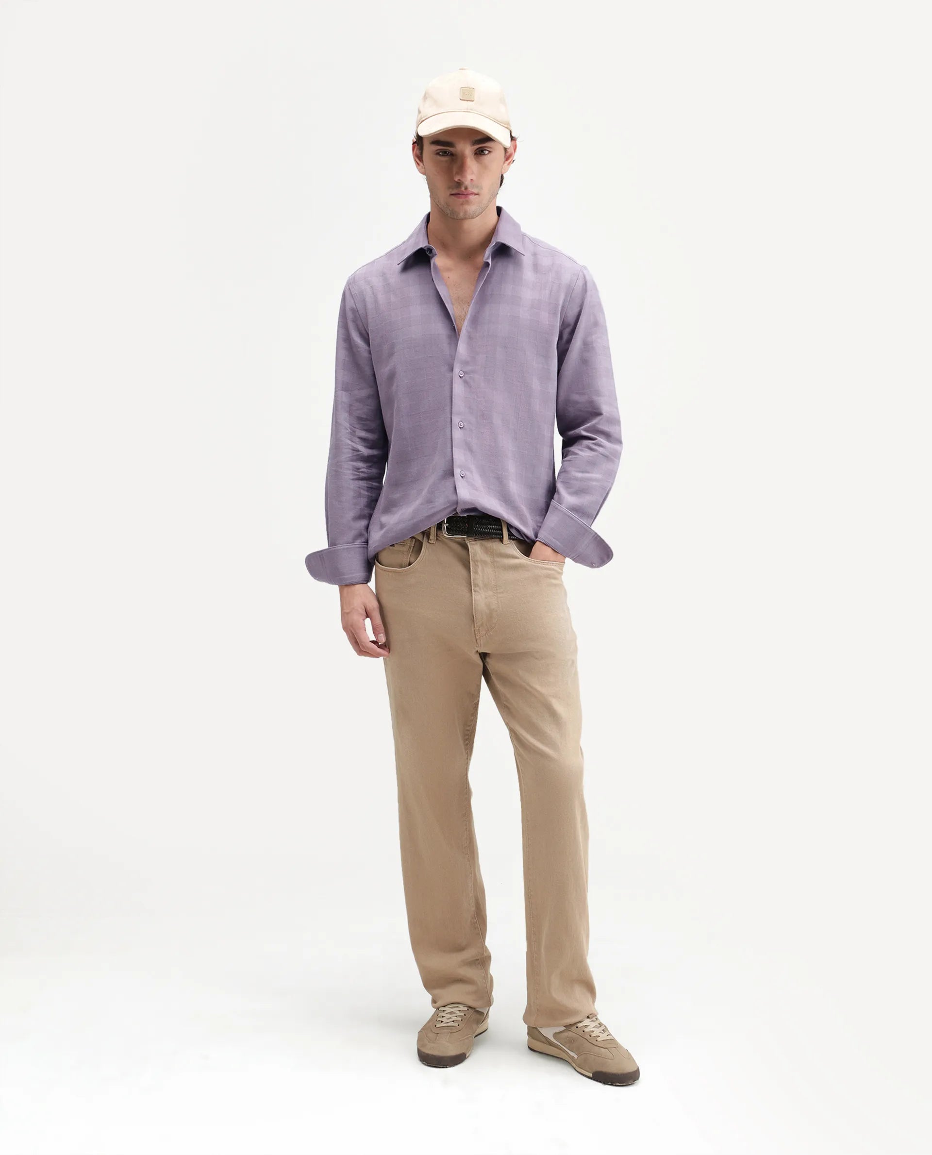Rare Rabbit Men's Theo Pastel Purple Cotton Blend Spread Collar Button Regular Checked Shirt
