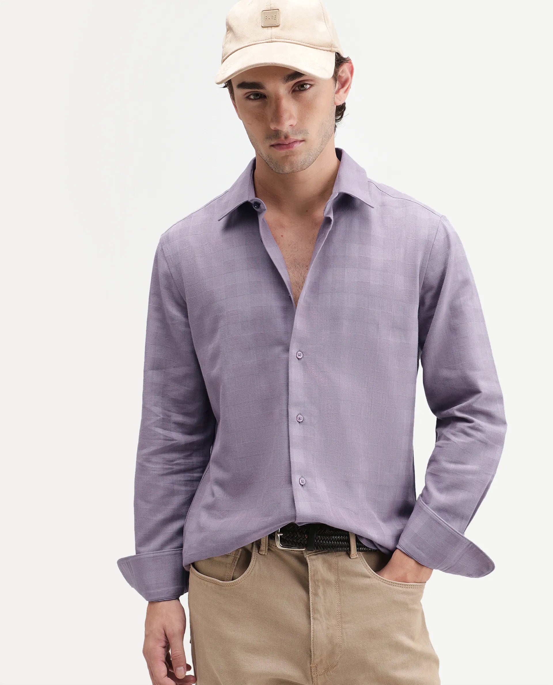 Rare Rabbit Men's Theo Pastel Purple Cotton Blend Spread Collar Button Regular Checked Shirt