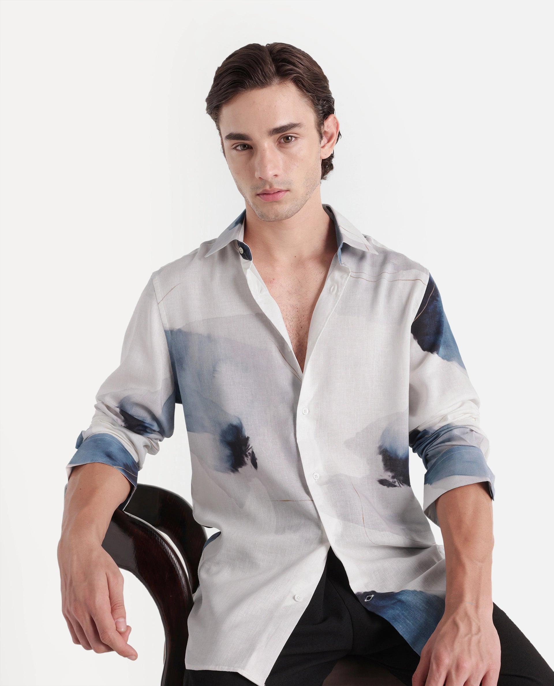 Rare Rabbit Men's Wert Primary White Linen Blend Spread Collar Button Regular Abstract Print Shirt
