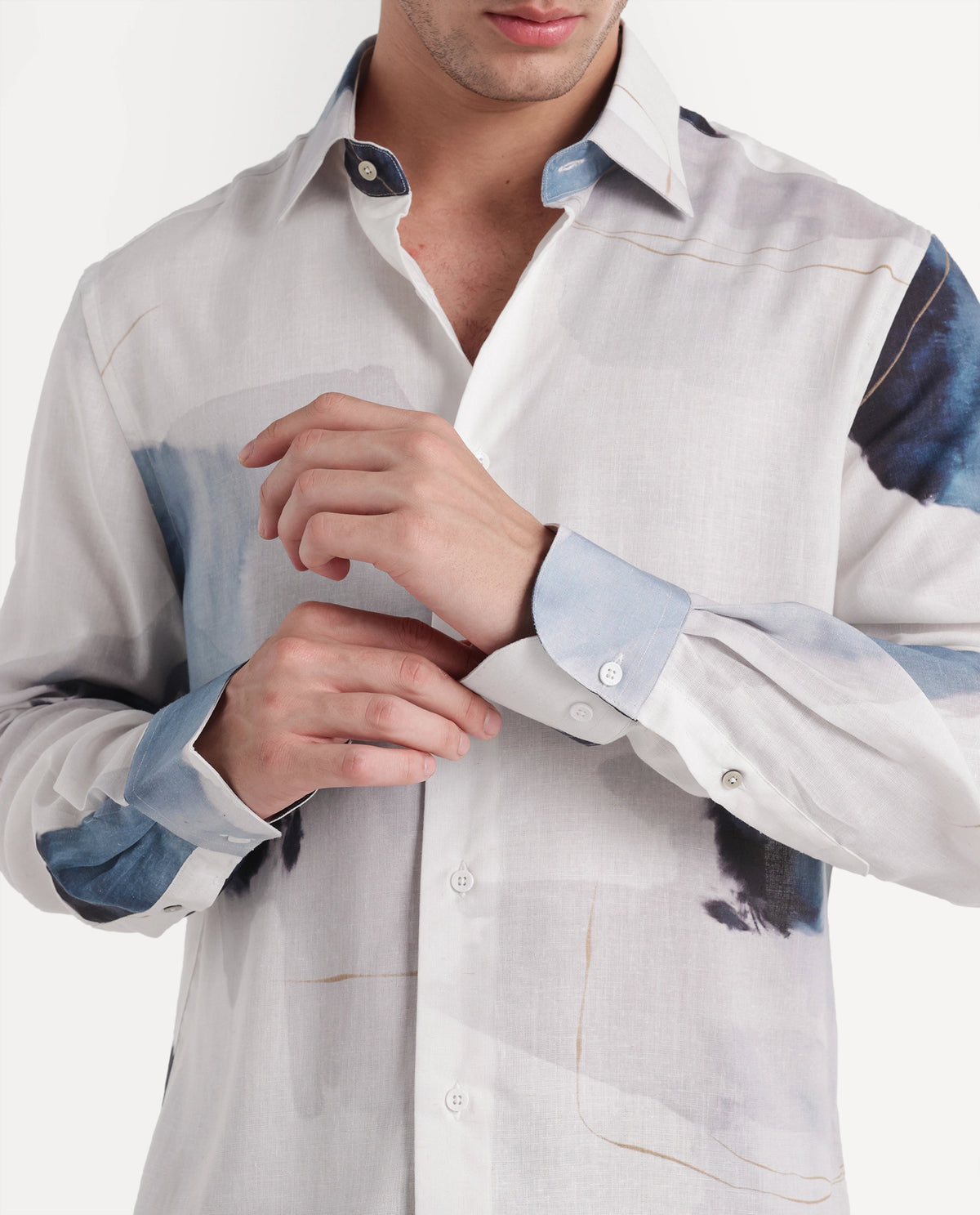 Rare Rabbit Men's Wert Primary White Linen Blend Spread Collar Button Regular Abstract Print Shirt
