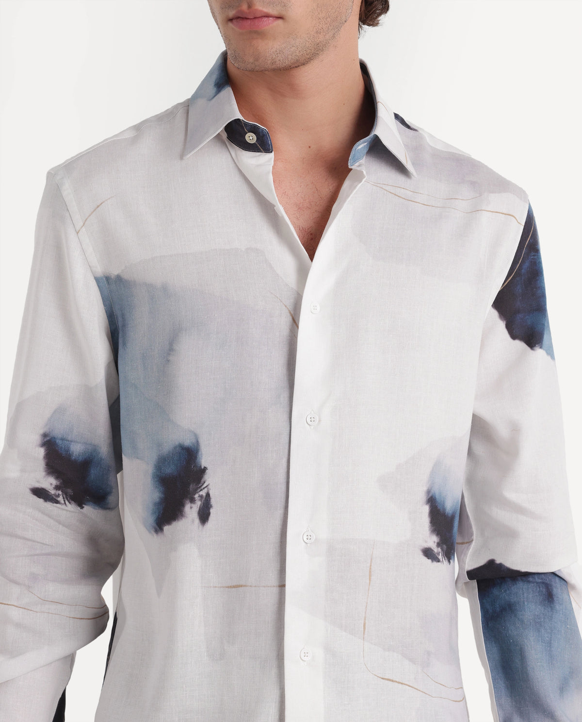Rare Rabbit Men's Wert Primary White Linen Blend Spread Collar Button Regular Abstract Print Shirt