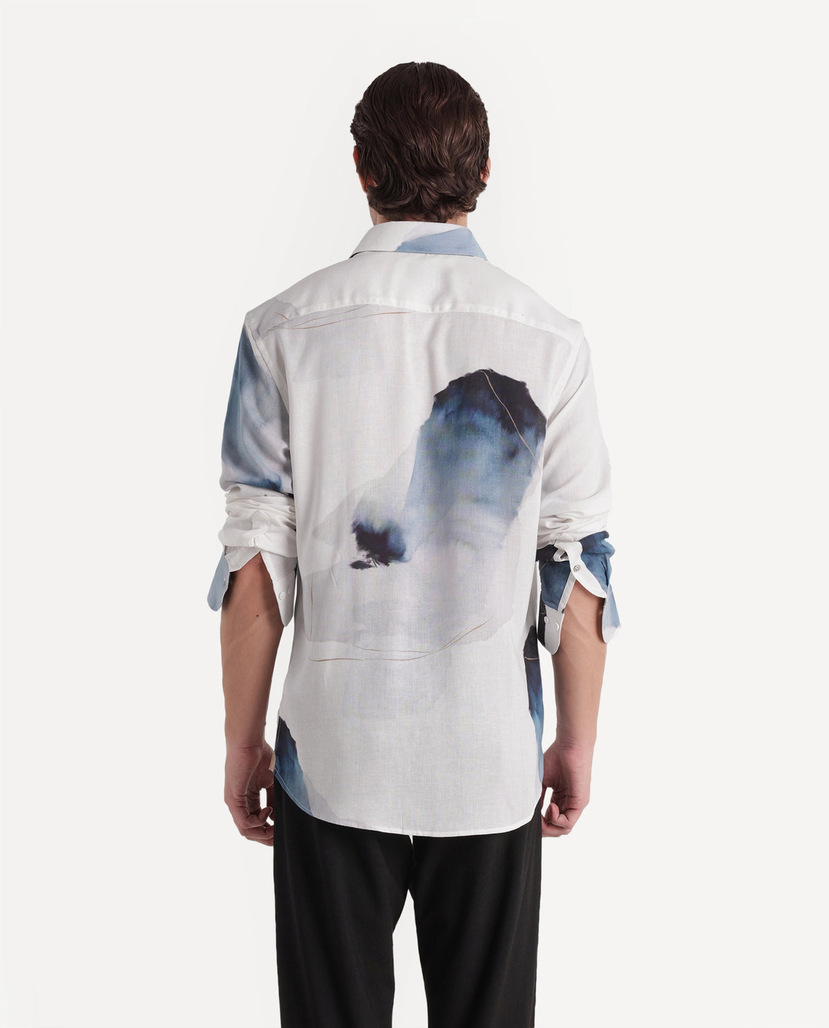 Rare Rabbit Men's Wert Primary White Linen Blend Spread Collar Button Regular Abstract Print Shirt