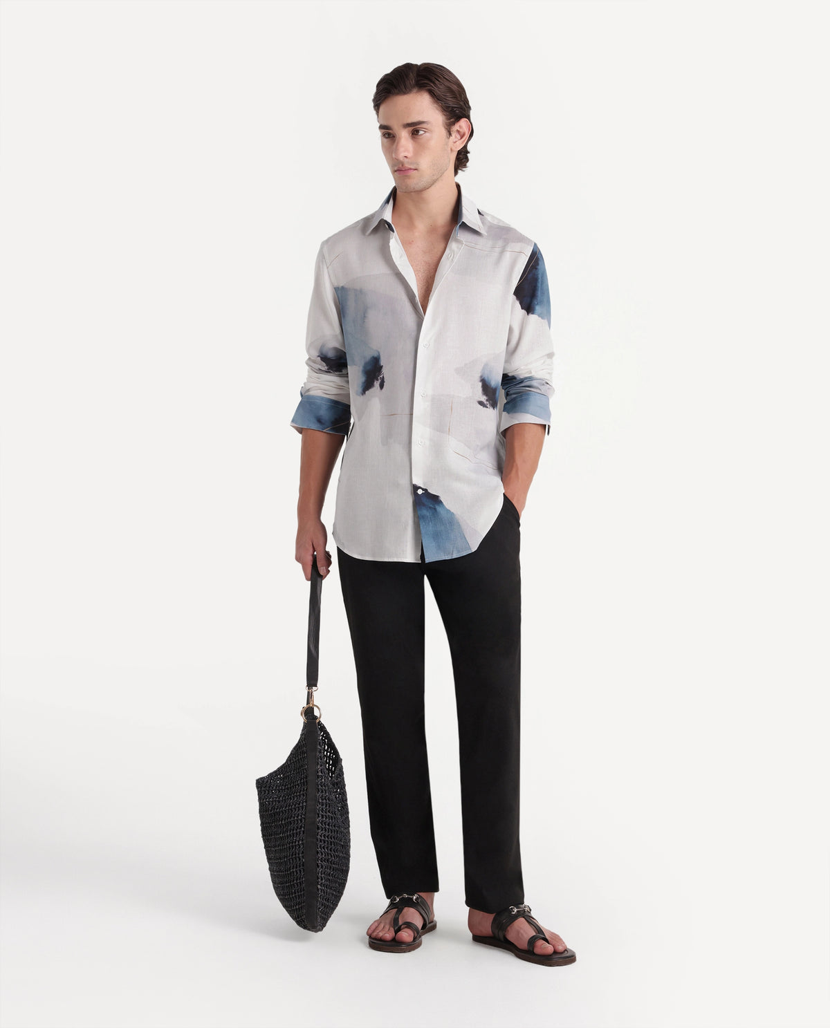 Rare Rabbit Men's Wert Primary White Linen Blend Spread Collar Button Regular Abstract Print Shirt
