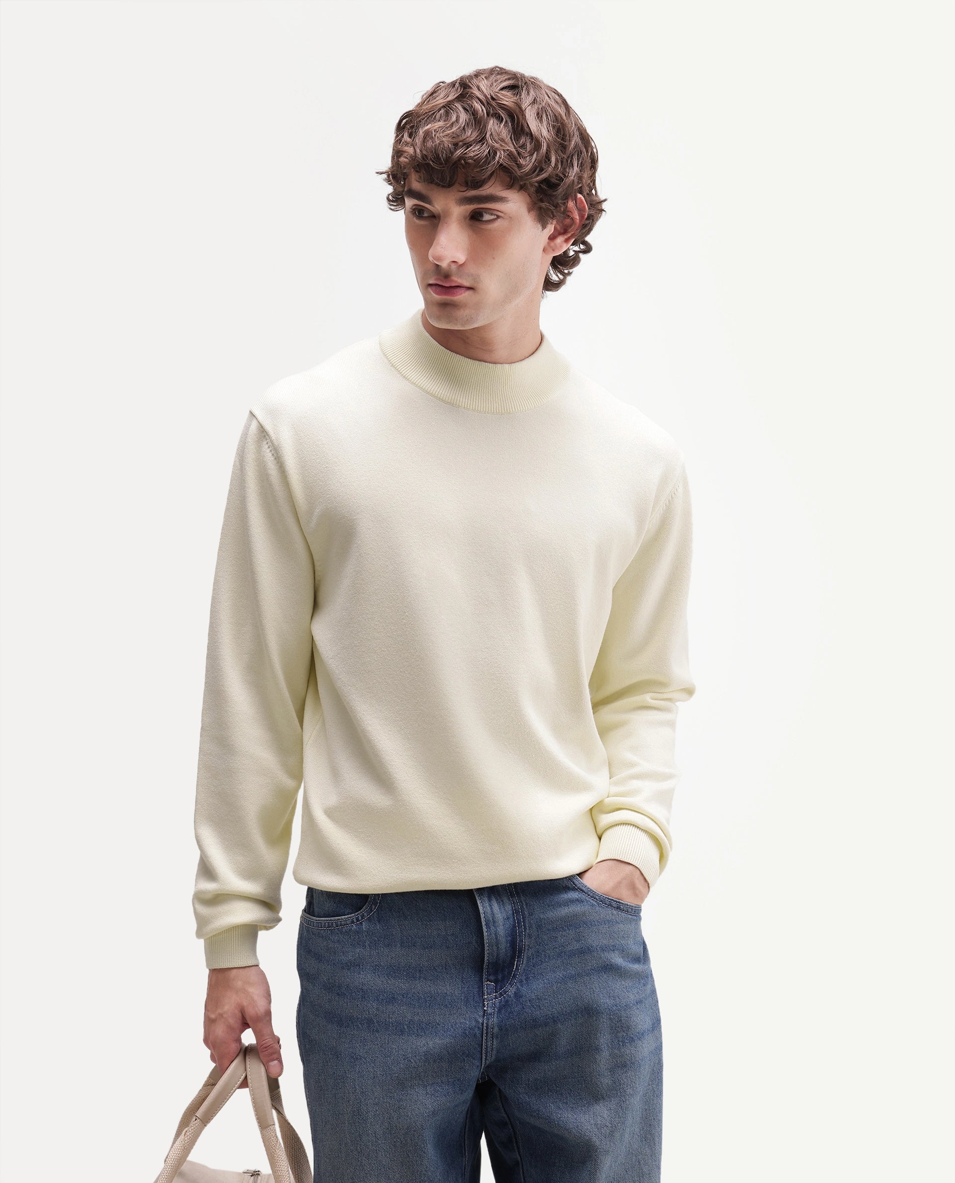 Rare Rabbit Men's Alvor Off White Viscose Blend Regular Fit Plain Sweater
