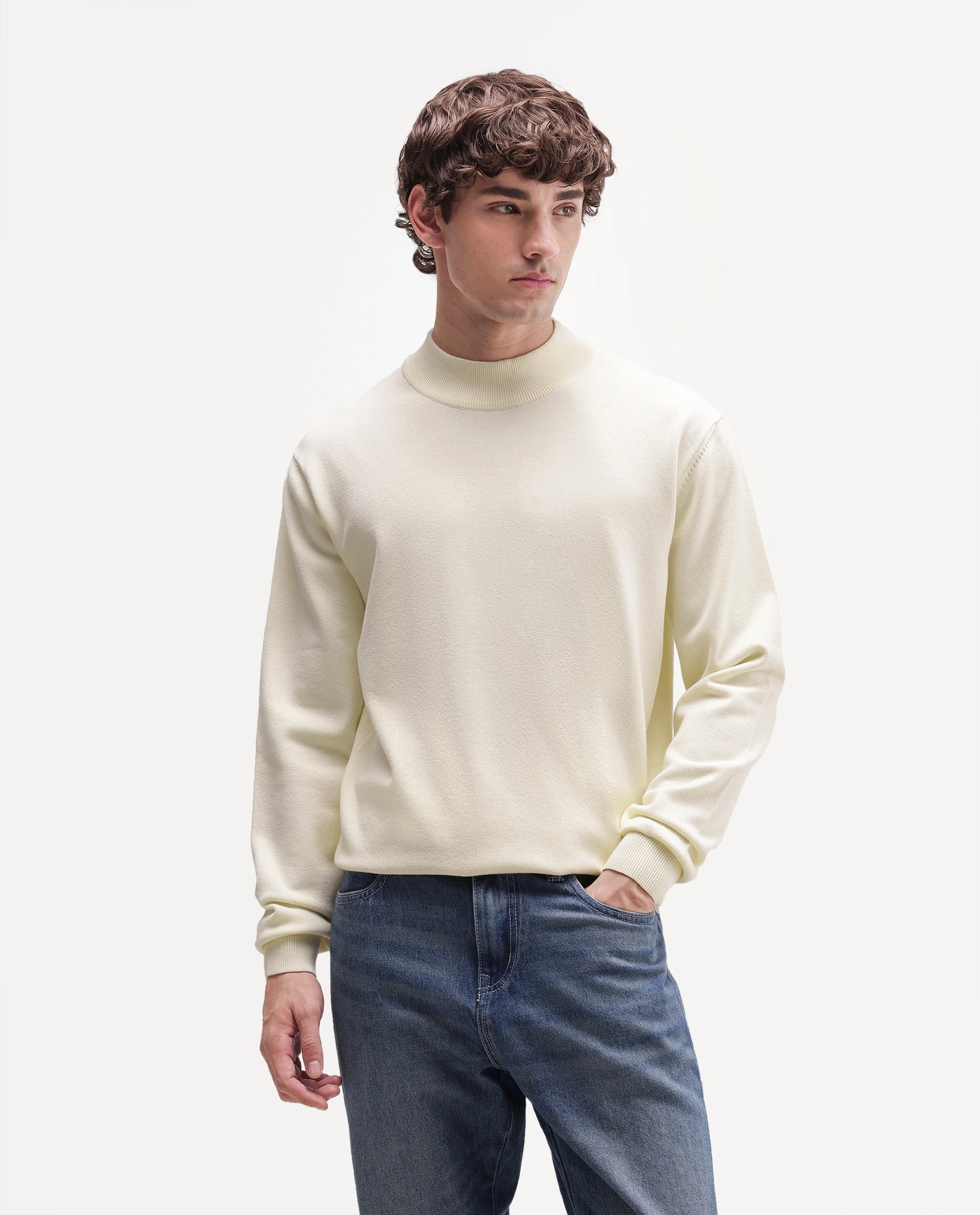 Rare Rabbit Men's Alvor Off White Viscose Blend Regular Fit Plain Sweater