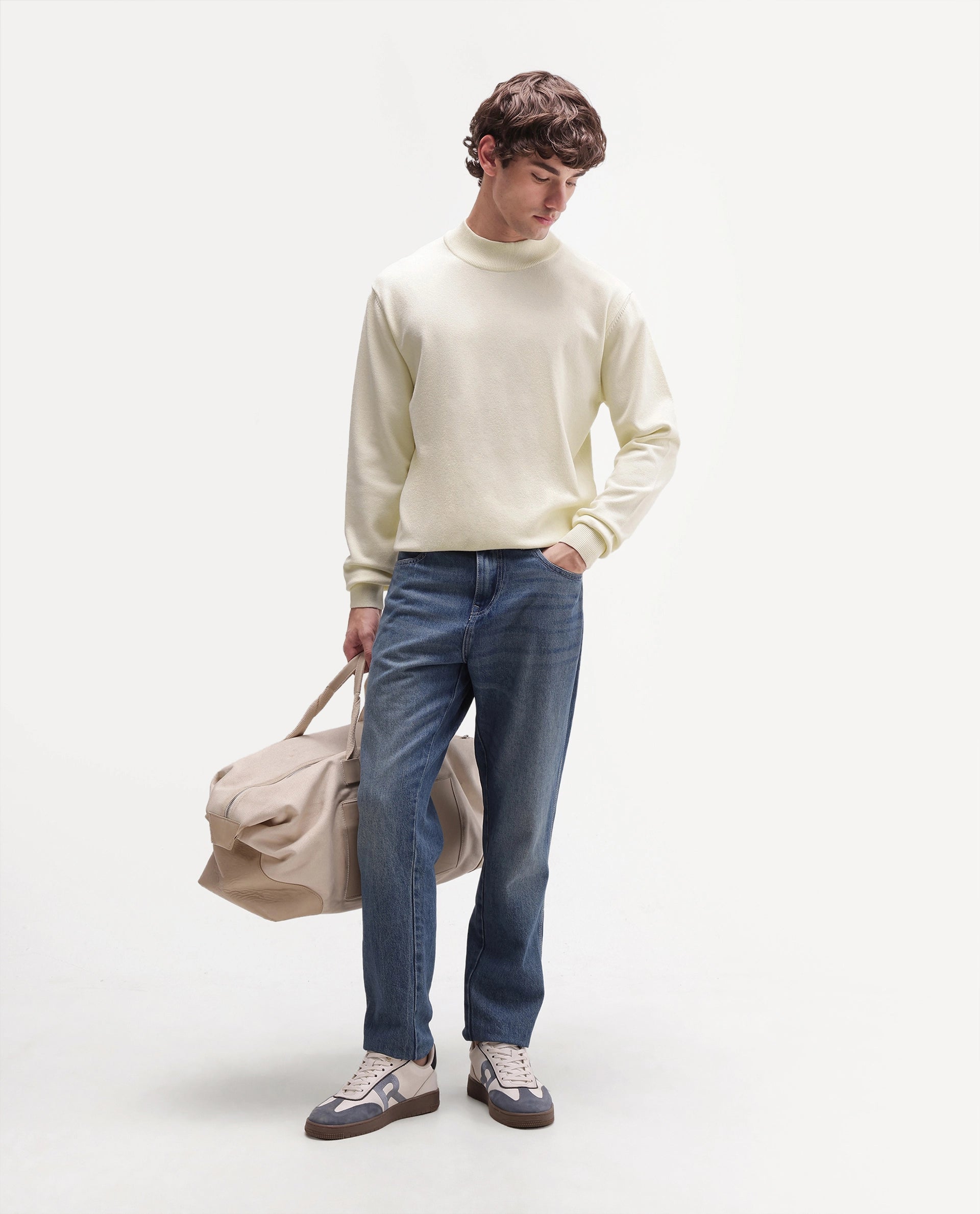 Rare Rabbit Men's Alvor Off White Viscose Blend Regular Fit Plain Sweater