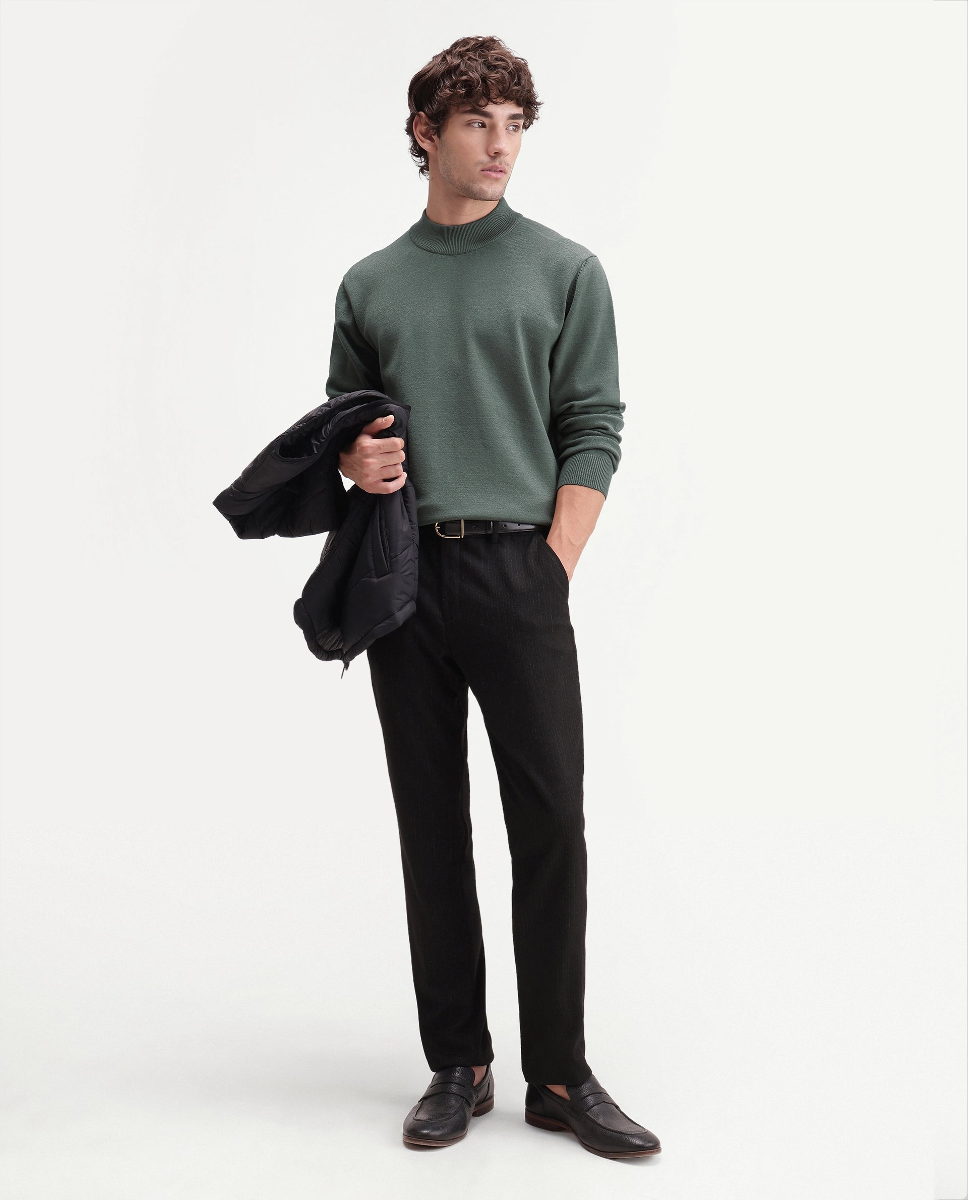 Rare Rabbit Men's Alvor Dusky Green Viscose Blend Regular Fit Plain Sweater