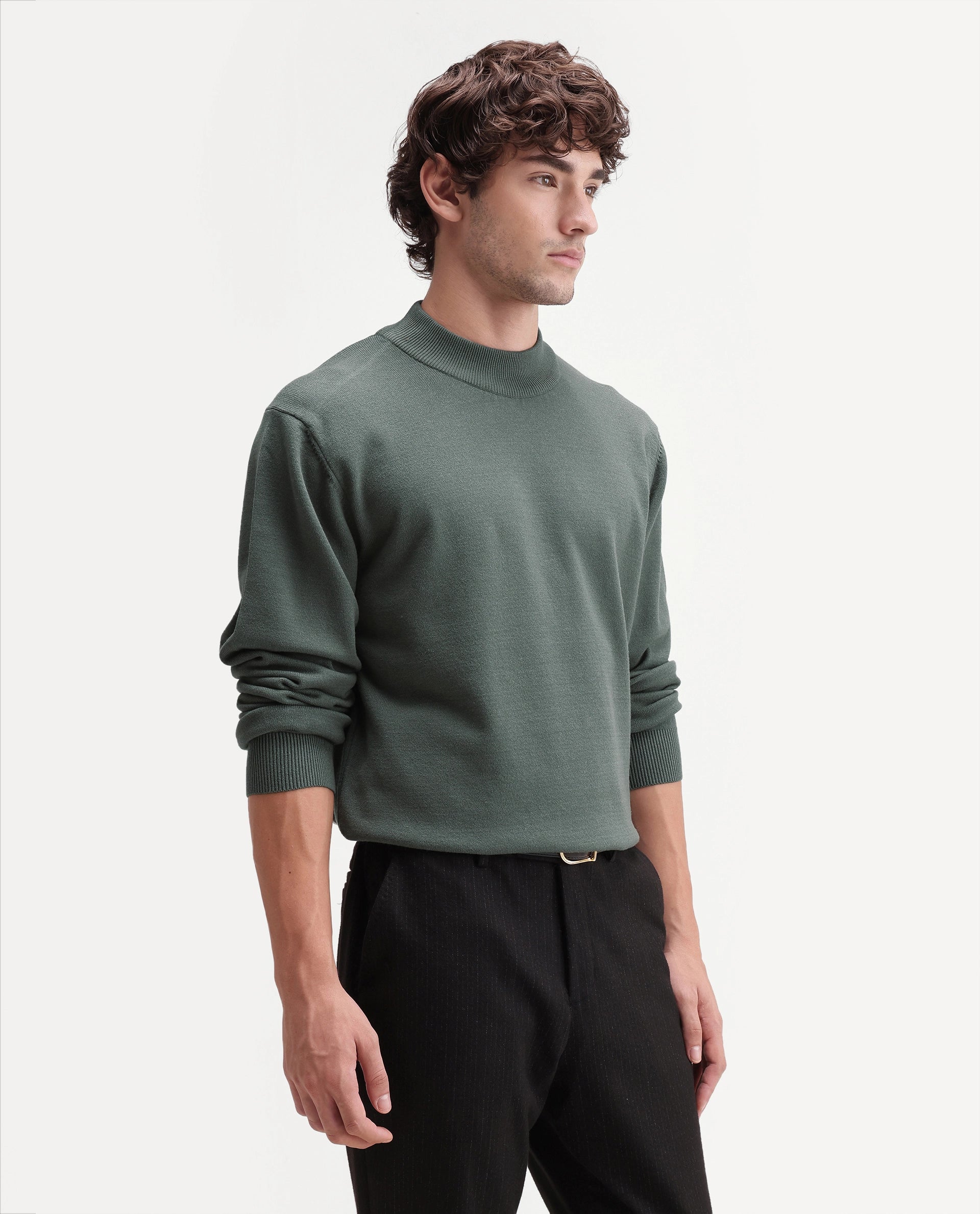 Rare Rabbit Men's Alvor Dusky Green Viscose Blend Regular Fit Plain Sweater