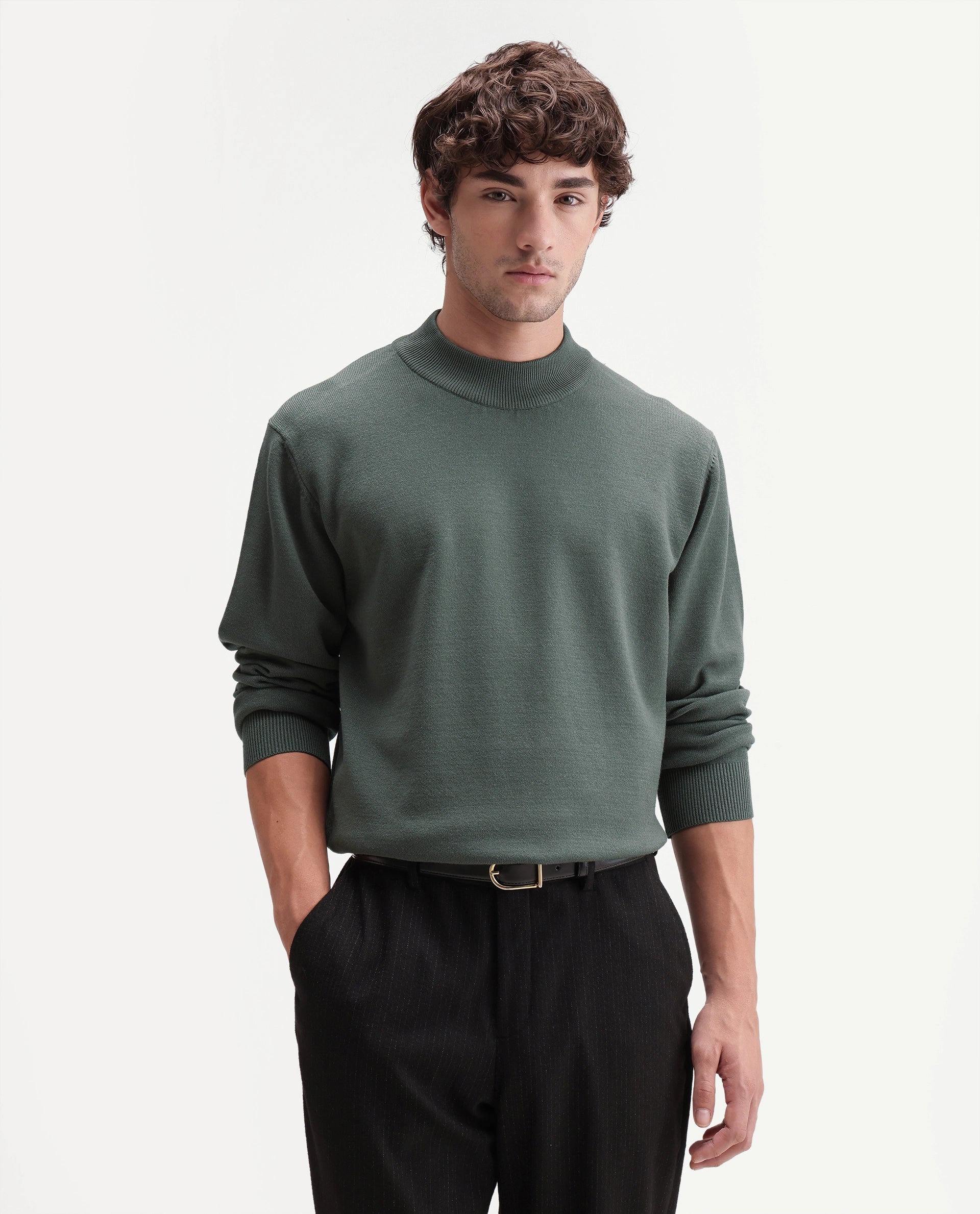 Rare Rabbit Men's Alvor Dusky Green Viscose Blend Regular Fit Plain Sweater