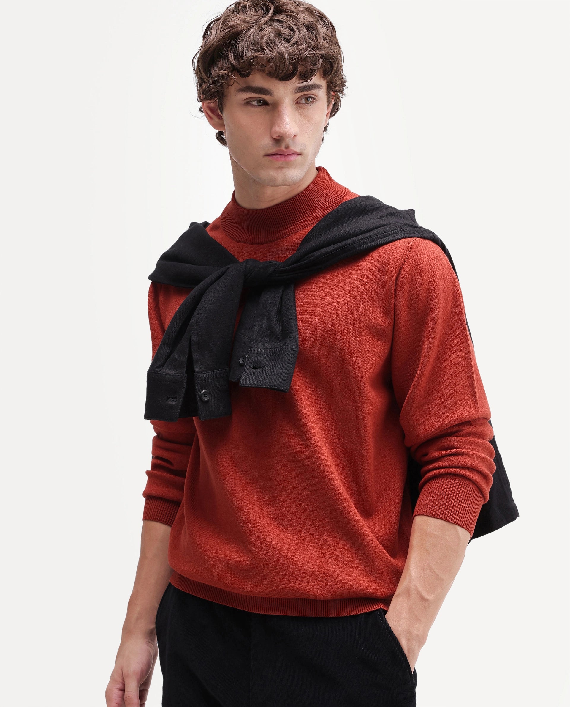 Rare Rabbit Men's Alvor Rust Viscose Blend Regular Fit Plain Sweater