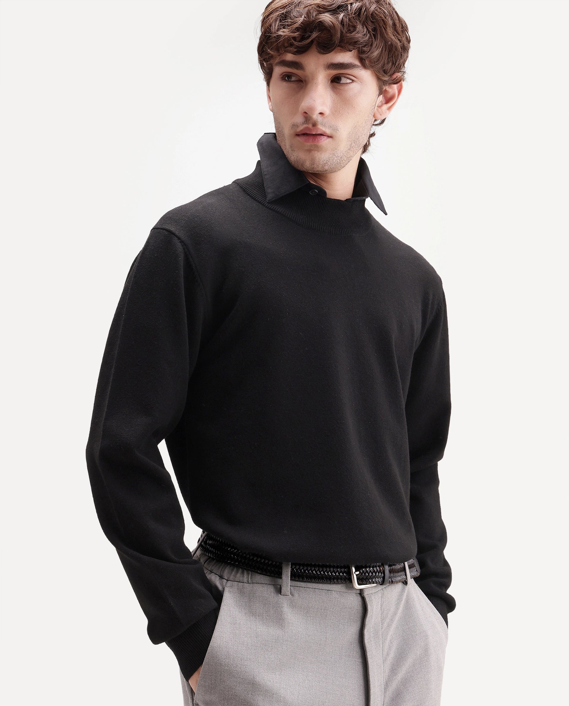 Rare Rabbit Men's Alvor Black Viscose Blend Regular Fit Plain Sweater