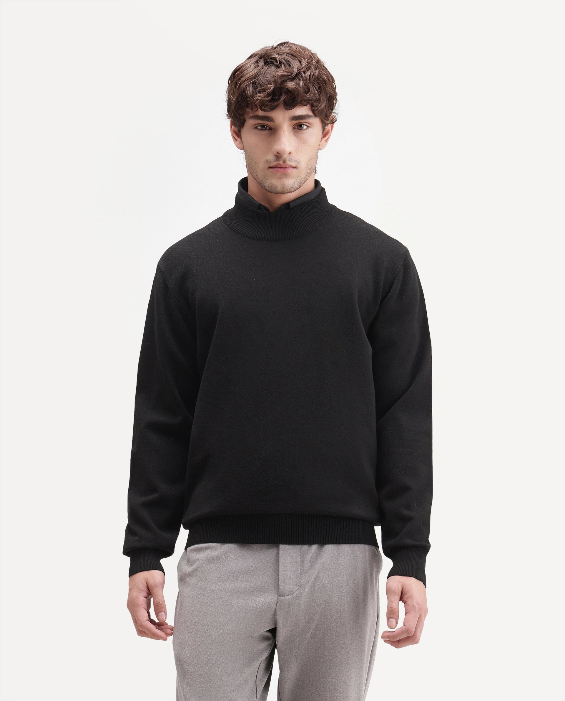 Rare Rabbit Men's Alvor Black Viscose Blend Regular Fit Plain Sweater