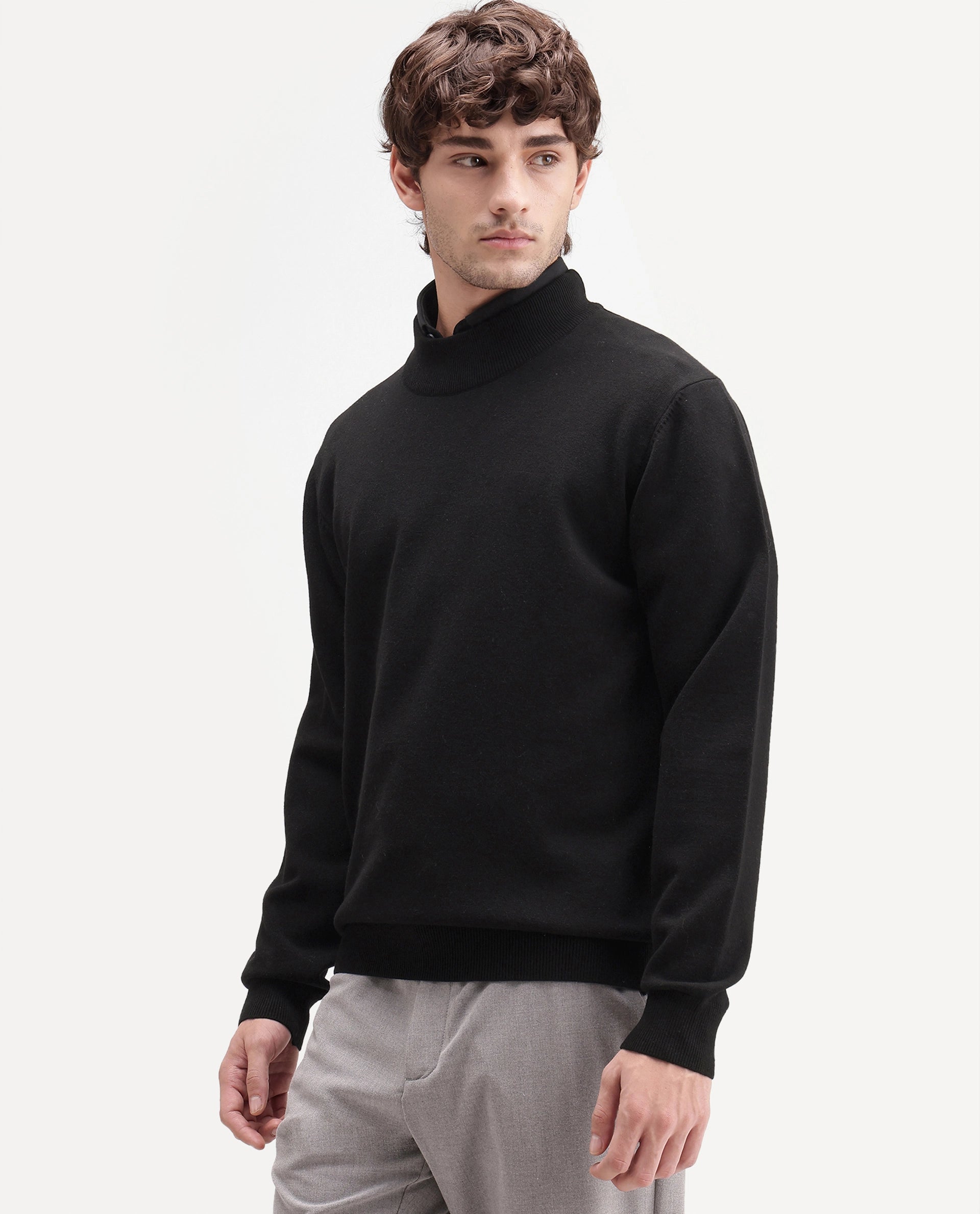 Rare Rabbit Men's Alvor Black Viscose Blend Regular Fit Plain Sweater