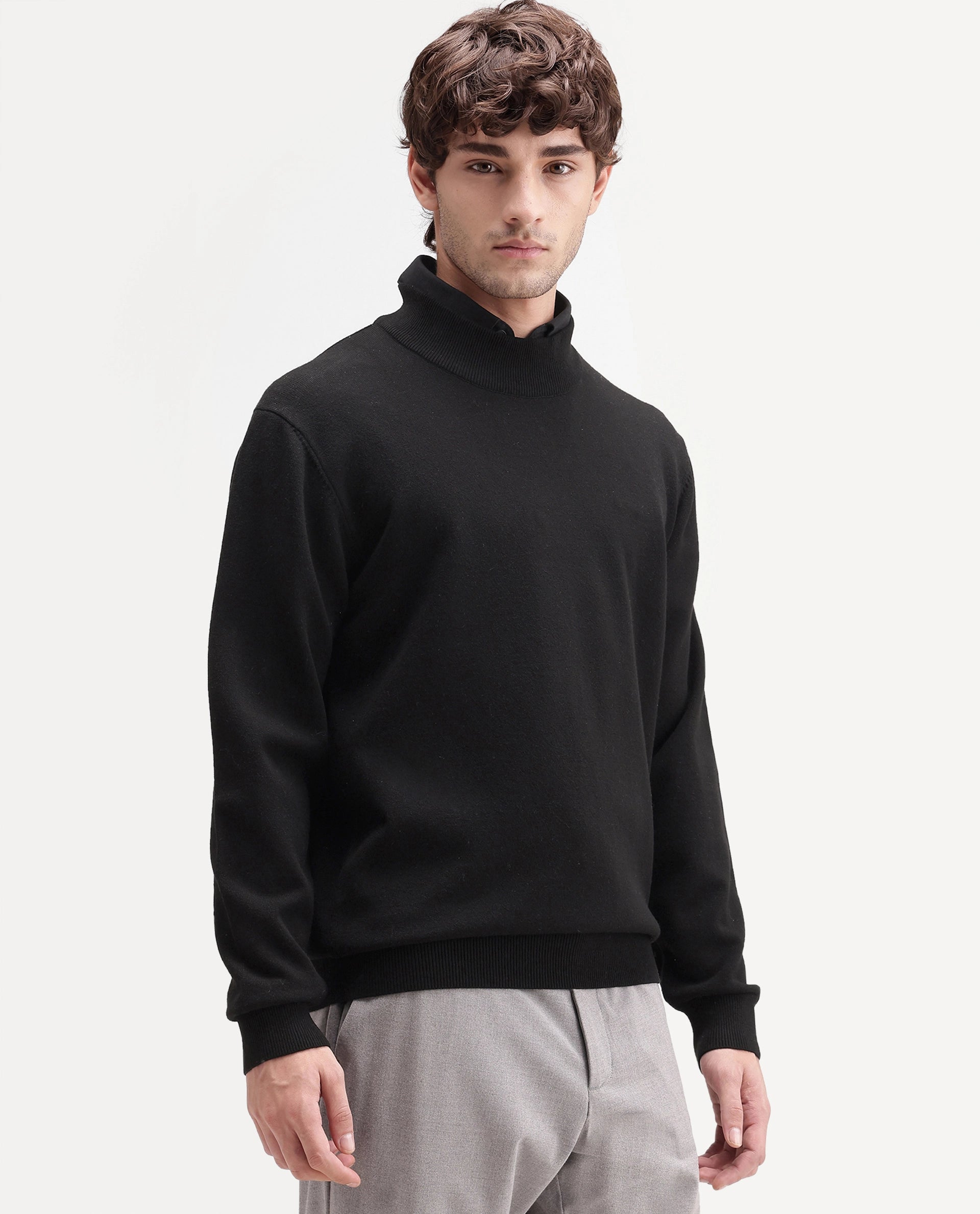 Rare Rabbit Men's Alvor Black Viscose Blend Regular Fit Plain Sweater