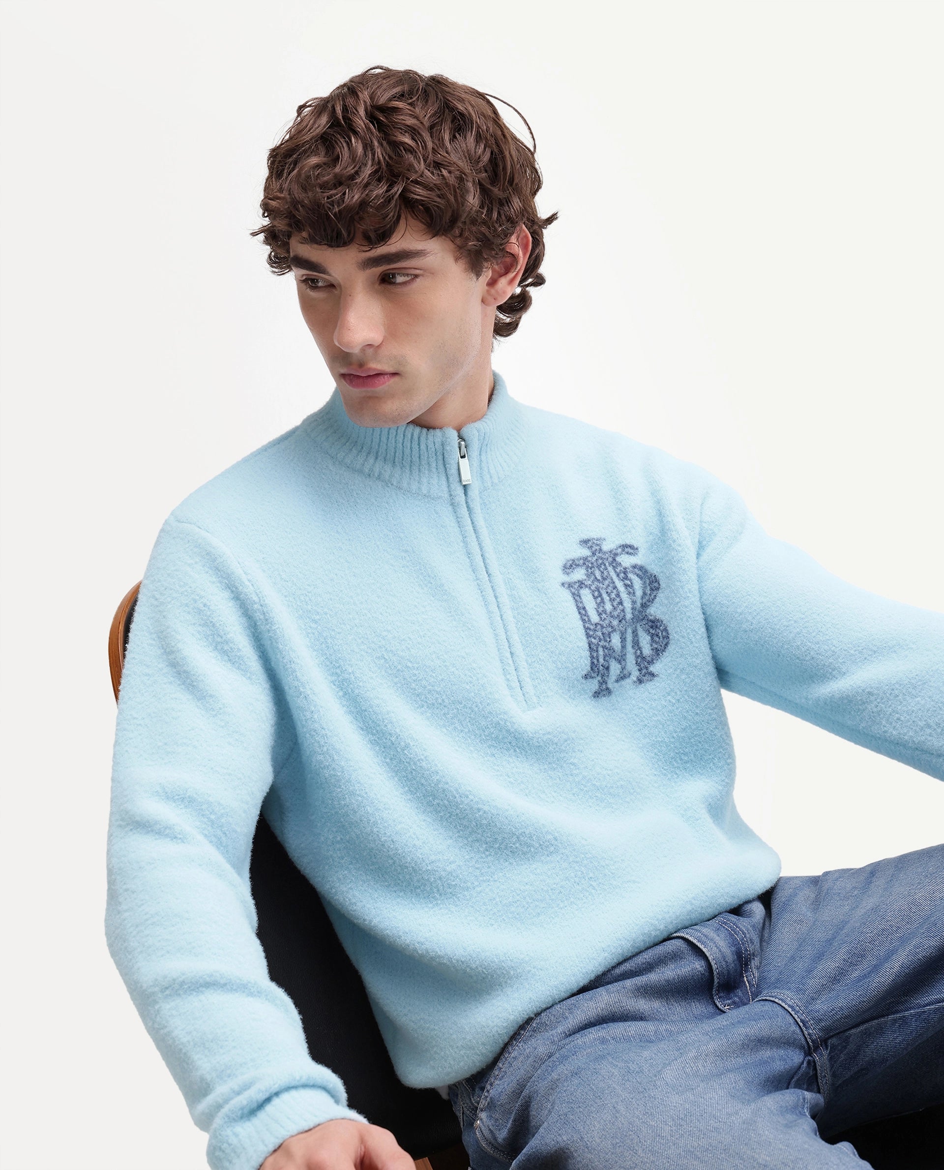 Rare Rabbit Men's Luca-A26 Light Blue Nylon Zipper Regular Fit Printed Sweater