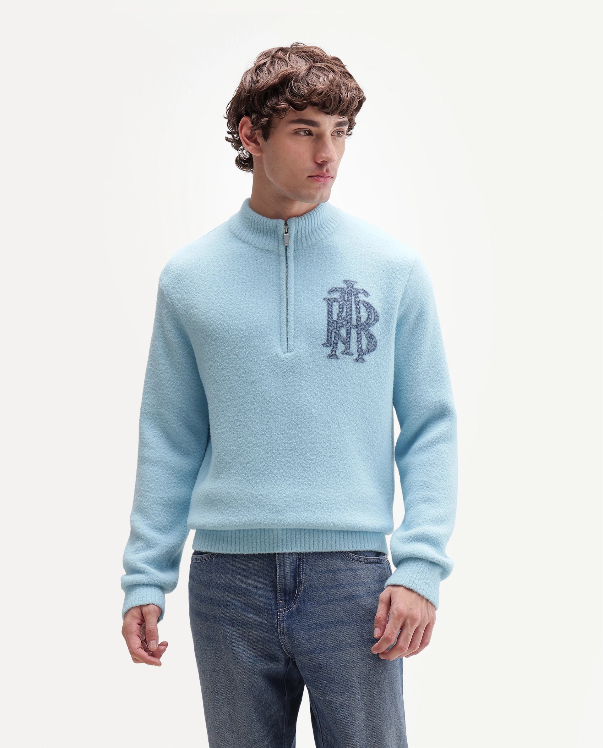 Rare Rabbit Men's Luca-A26 Light Blue Nylon Zipper Regular Fit Printed Sweater