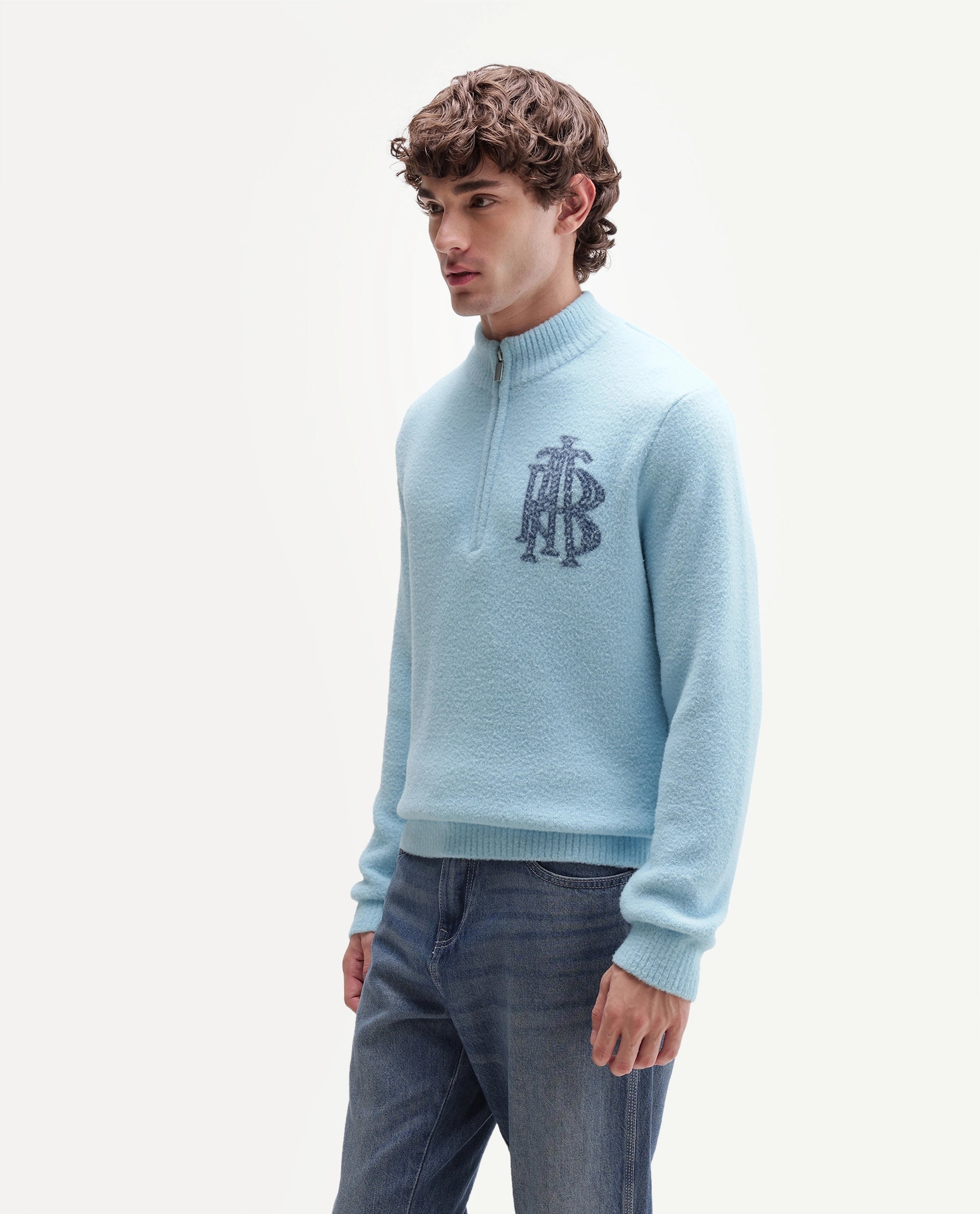 Rare Rabbit Men's Luca-A26 Light Blue Nylon Zipper Regular Fit Printed Sweater