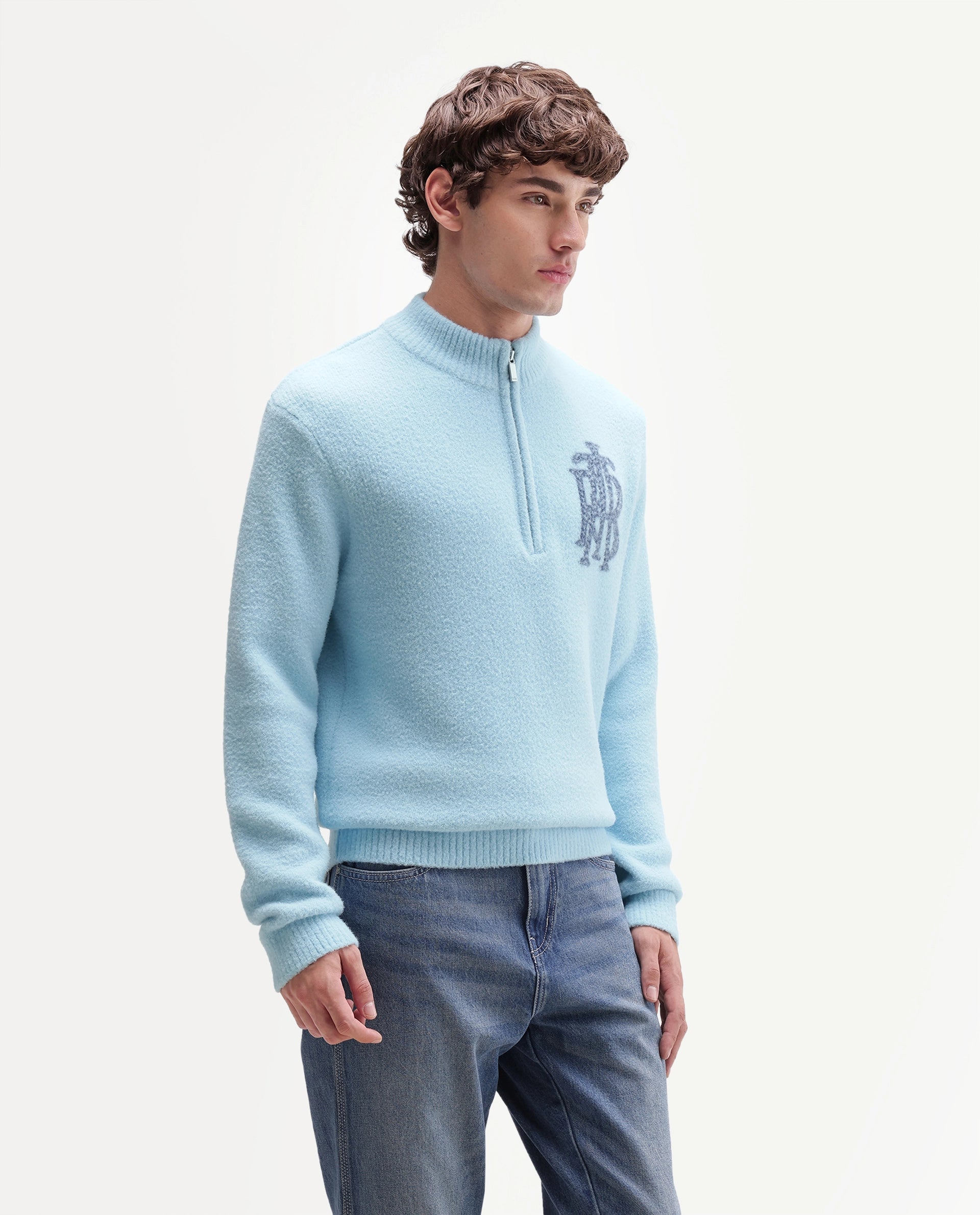 Rare Rabbit Men's Luca-A26 Light Blue Nylon Zipper Regular Fit Printed Sweater
