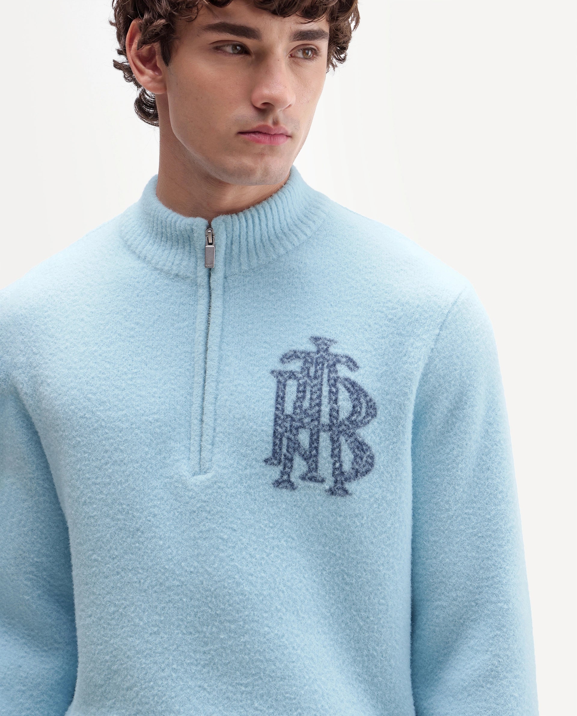 Rare Rabbit Men's Luca-A26 Light Blue Nylon Zipper Regular Fit Printed Sweater