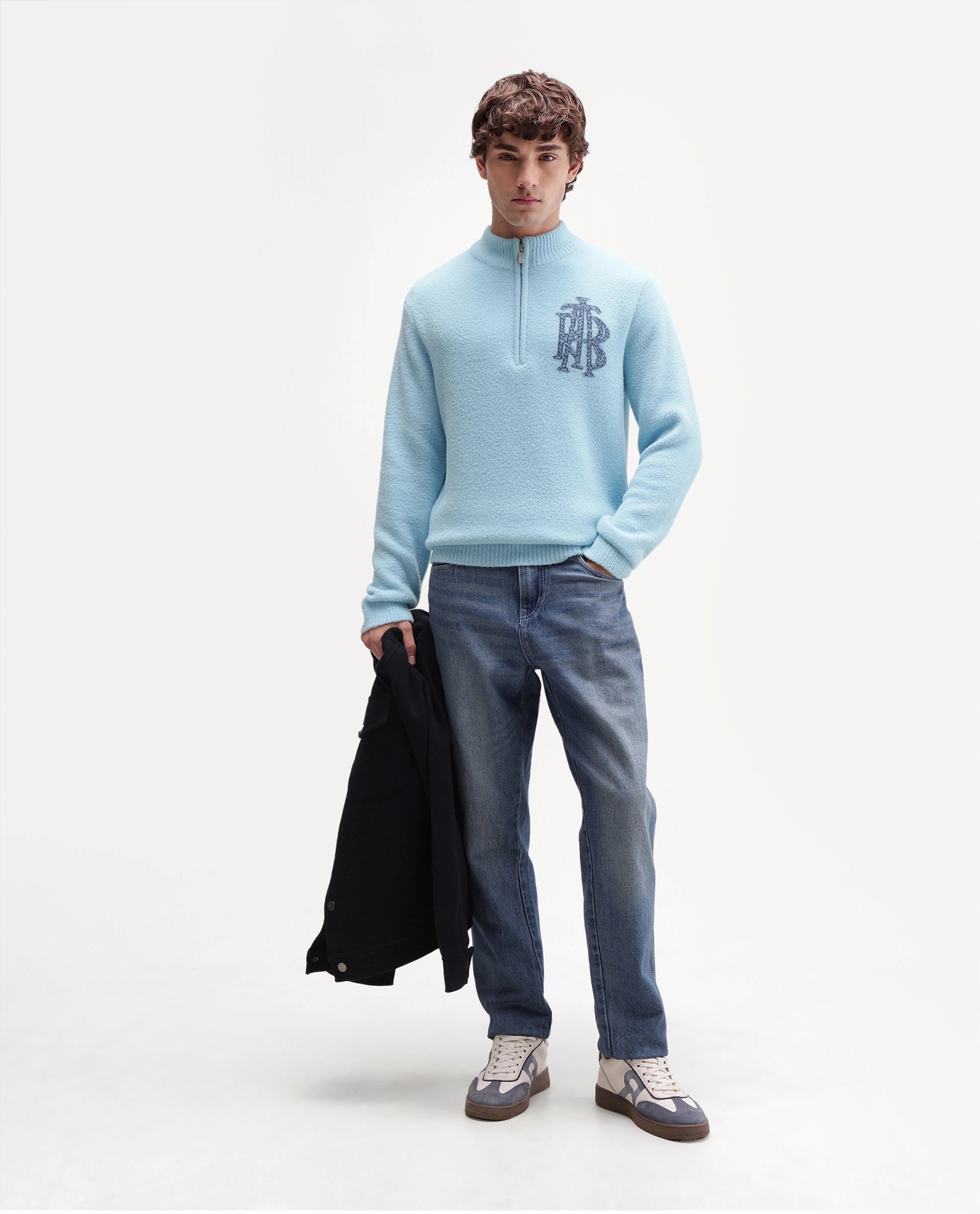 Rare Rabbit Men's Luca-A26 Light Blue Nylon Zipper Regular Fit Printed Sweater