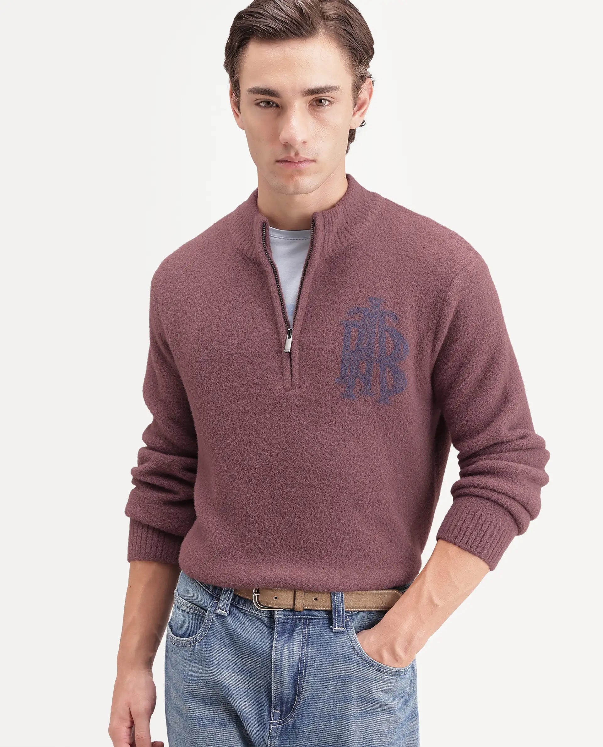 Rare Rabbit Men's Luca-A26 Dusky Pink Nylon Zipper Regular Fit Printed Sweater