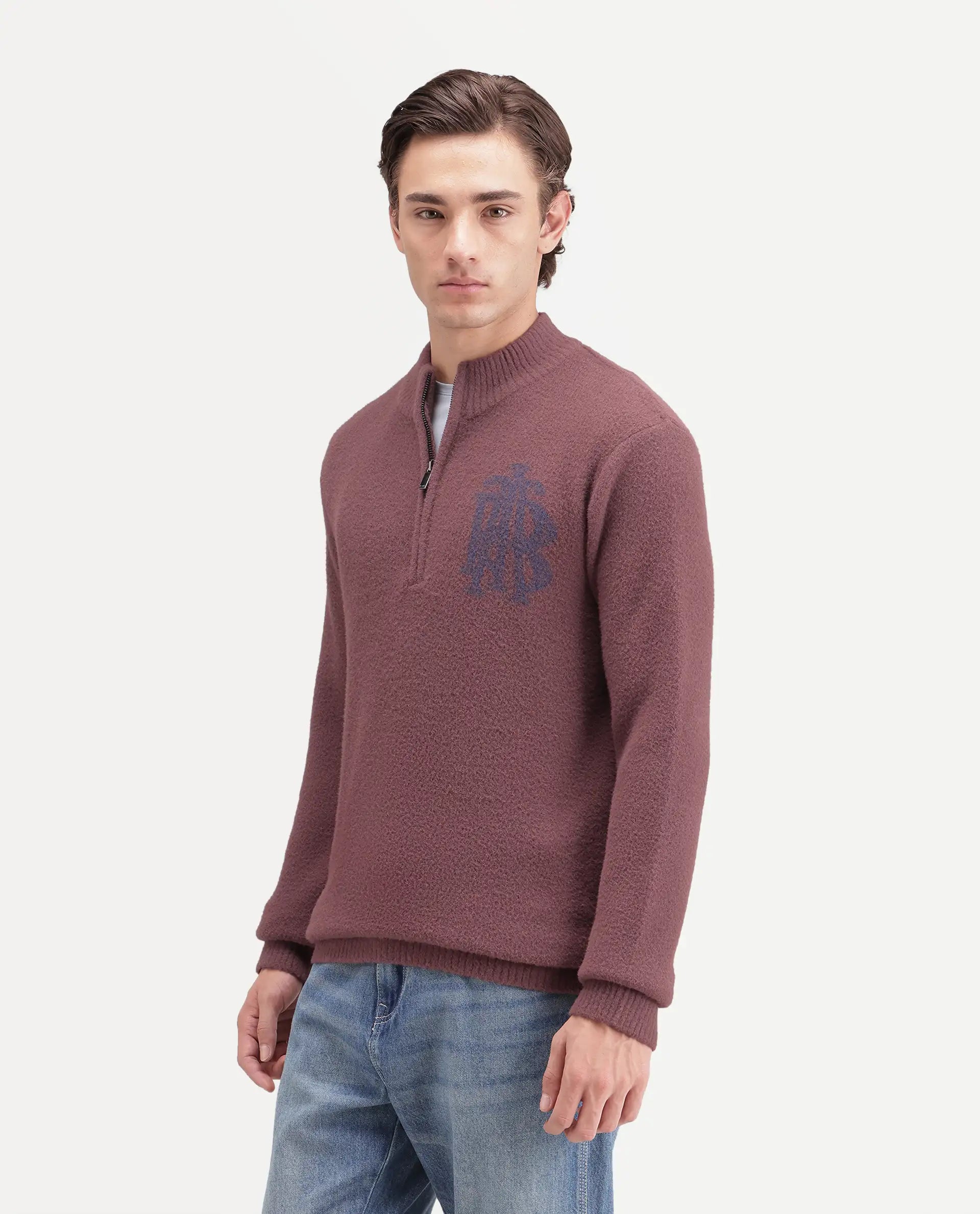 Rare Rabbit Men's Luca-A26 Dusky Pink Nylon Zipper Regular Fit Printed Sweater