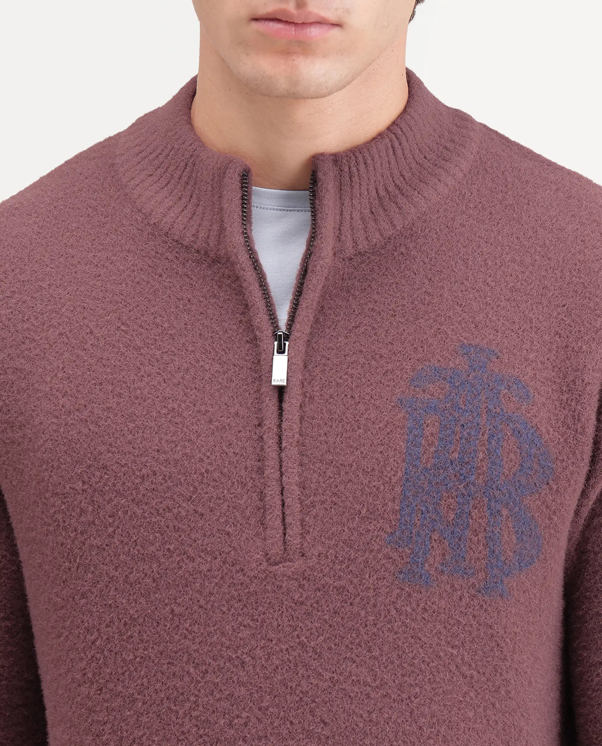 Rare Rabbit Men's Luca-A26 Dusky Pink Nylon Zipper Regular Fit Printed Sweater