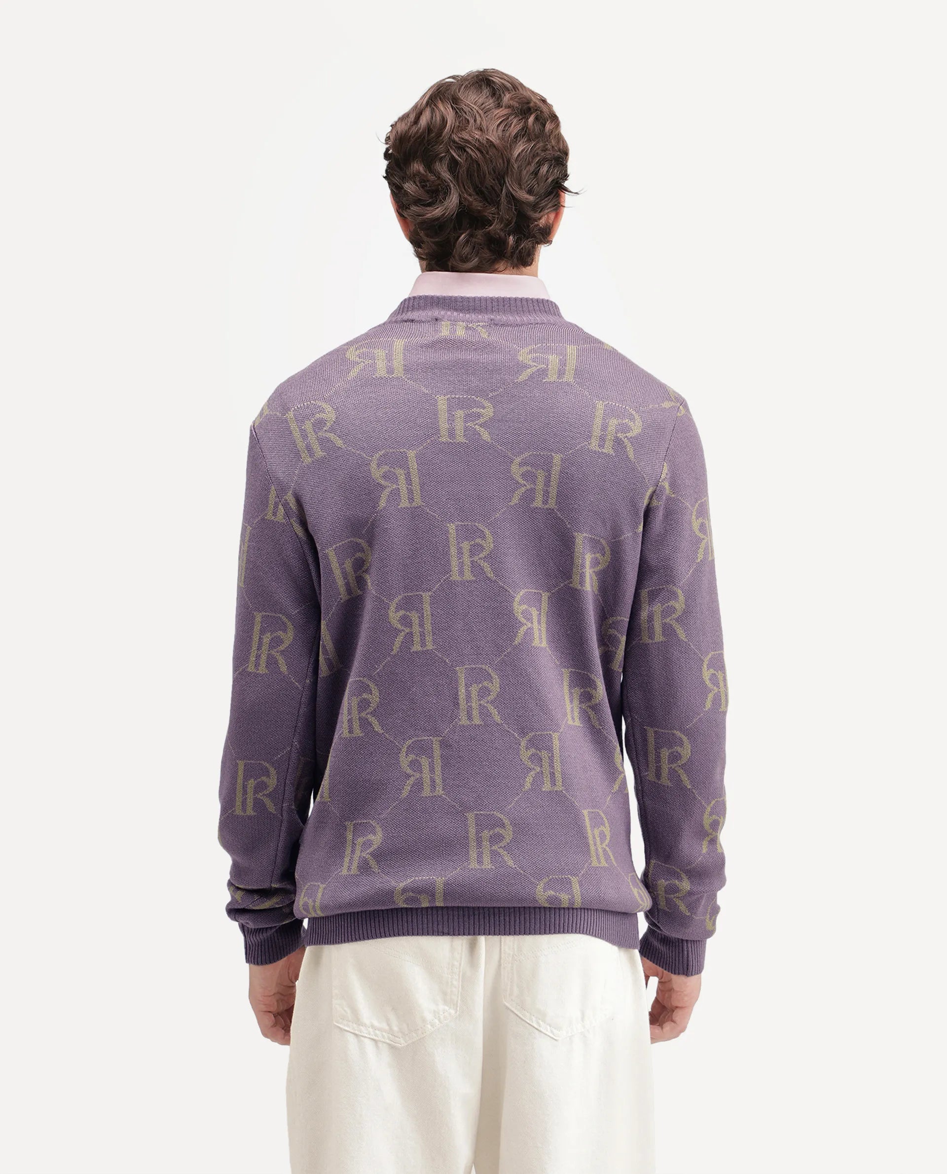 Rare Rabbit Men's Poston Dusky Purple Cotton Blend Regular Fit Monogram Print Sweater
