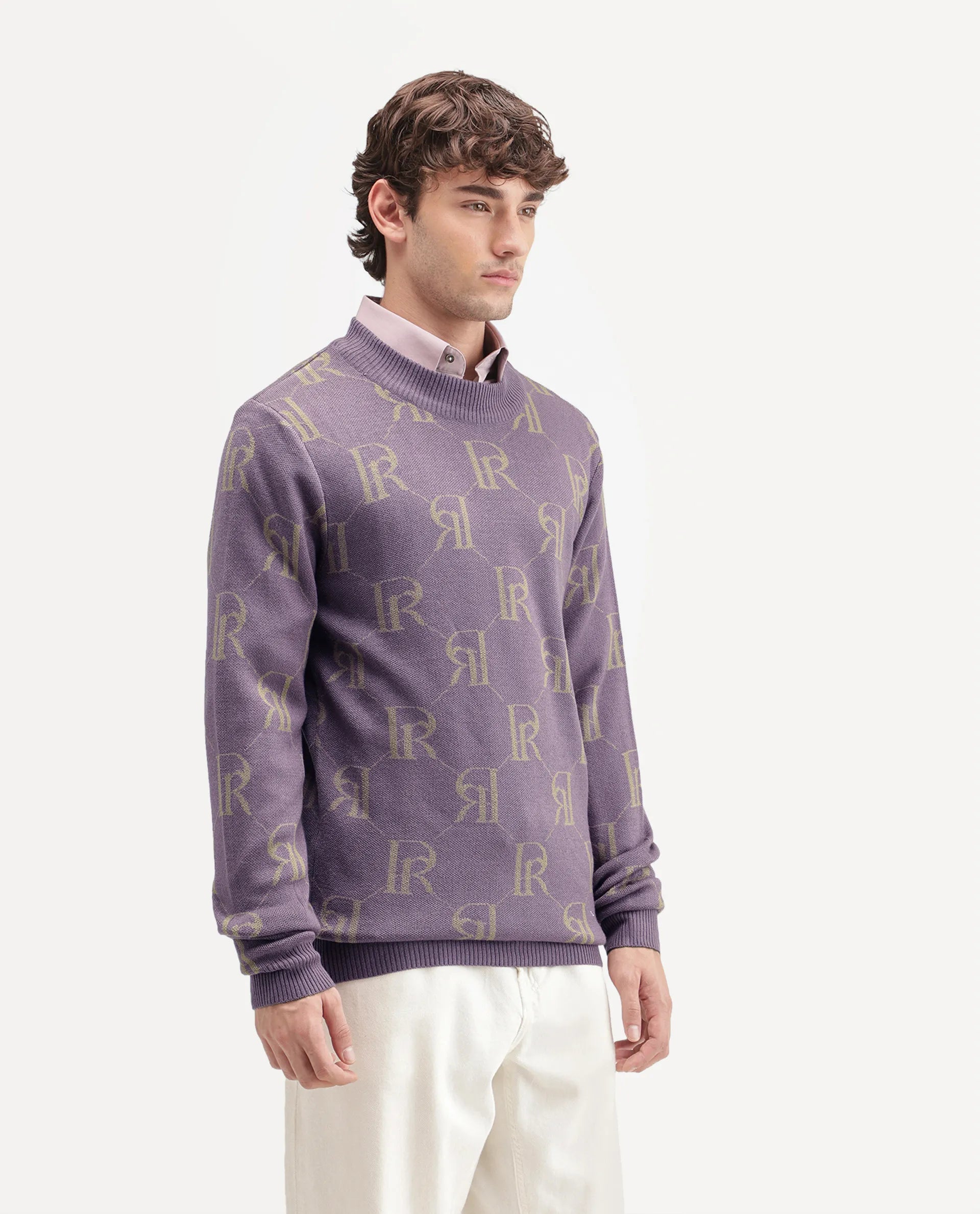 Rare Rabbit Men's Poston Dusky Purple Cotton Blend Regular Fit Monogram Print Sweater
