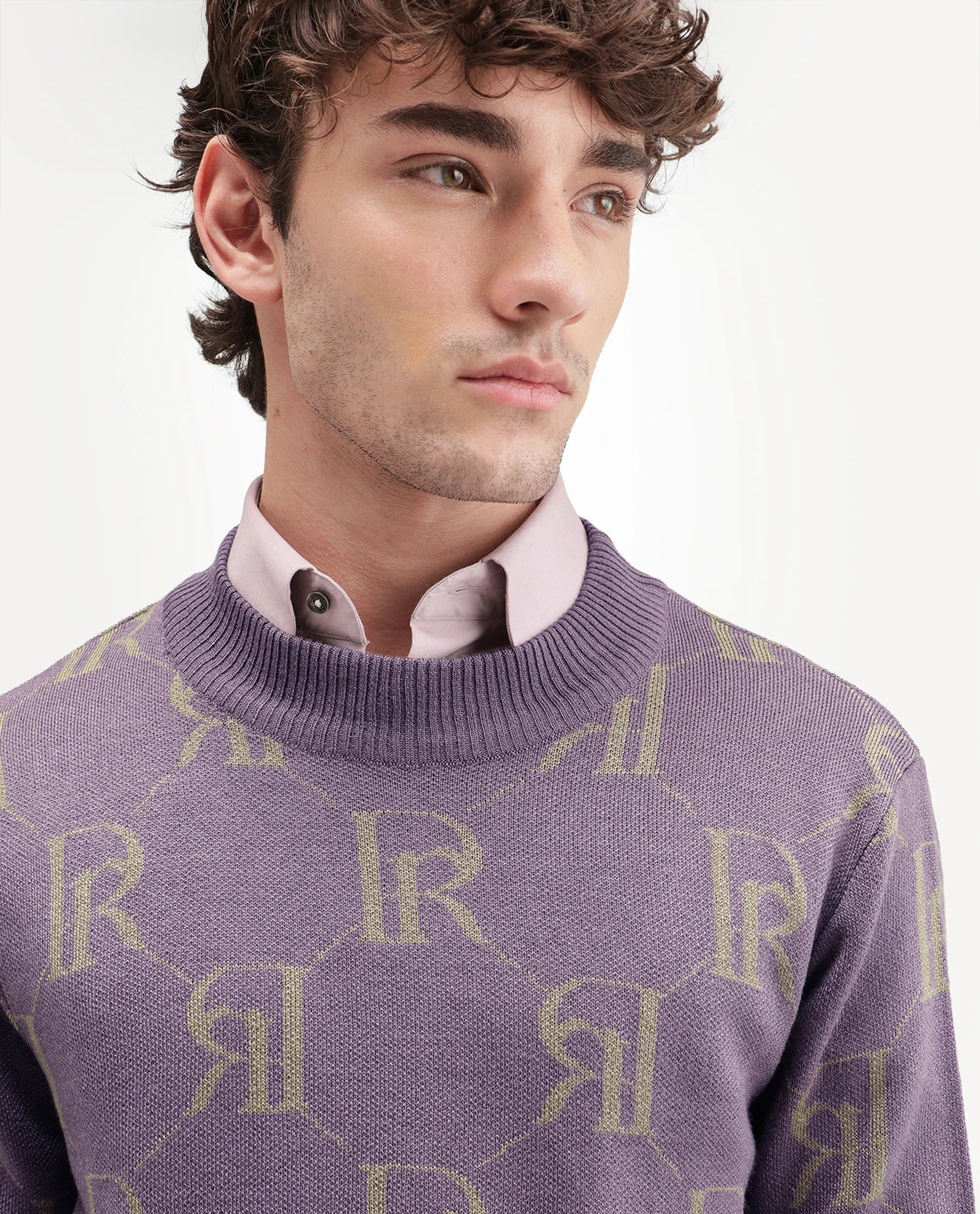 Rare Rabbit Men's Poston Dusky Purple Cotton Blend Regular Fit Monogram Print Sweater