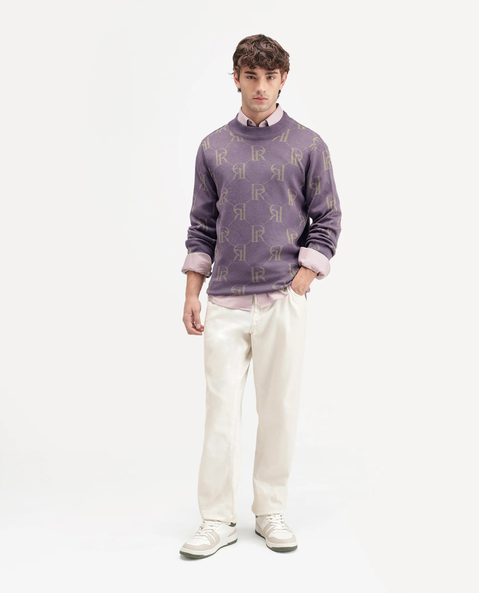 Rare Rabbit Men's Poston Dusky Purple Cotton Blend Regular Fit Monogram Print Sweater