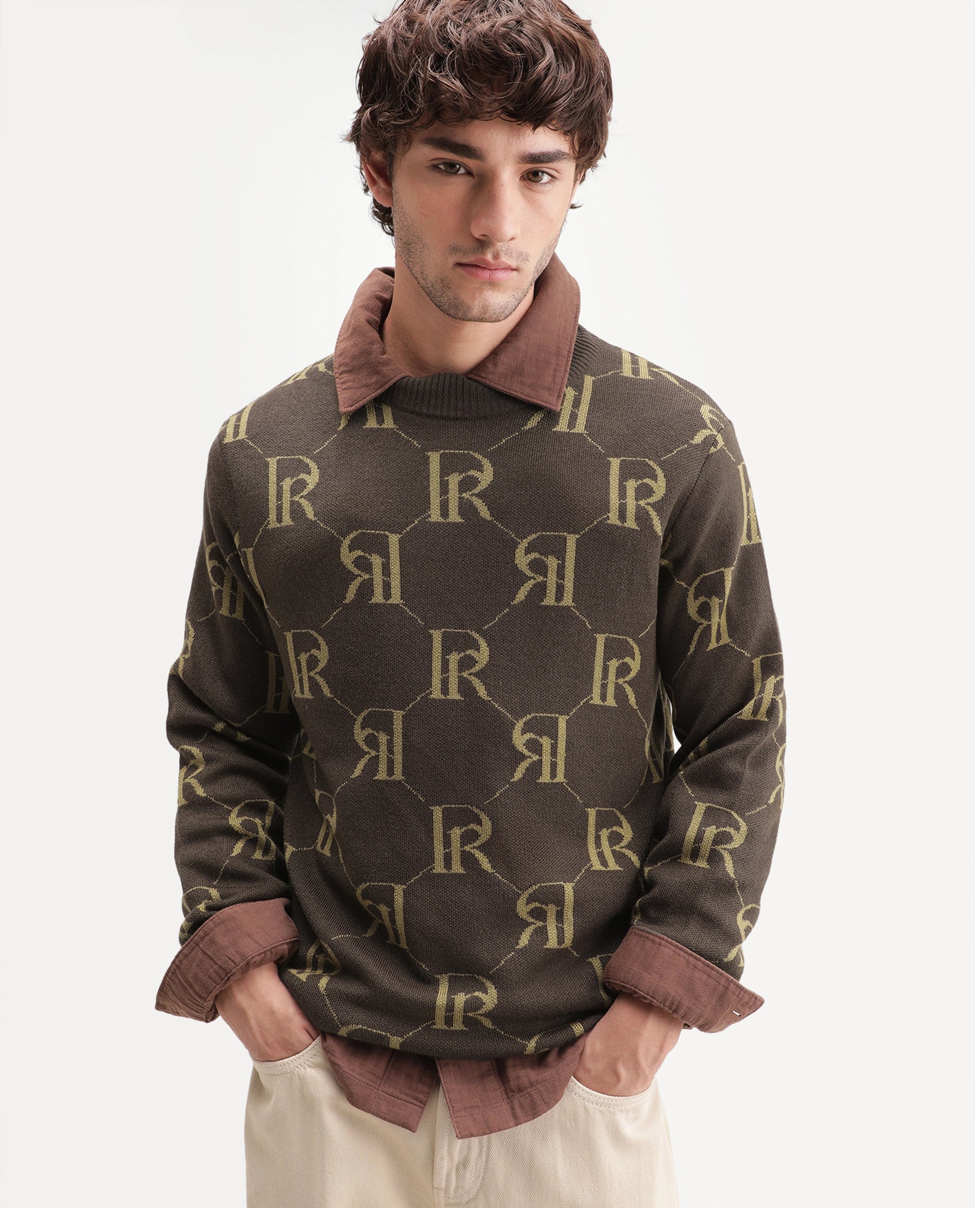 Rare Rabbit Men's Poston Brown Cotton Blend Regular Fit Monogram Print Sweater