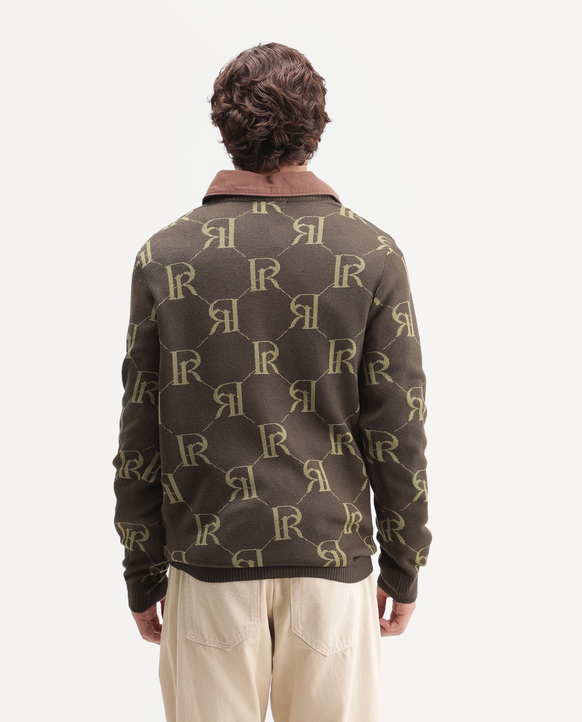 Rare Rabbit Men's Poston Brown Cotton Blend Regular Fit Monogram Print Sweater
