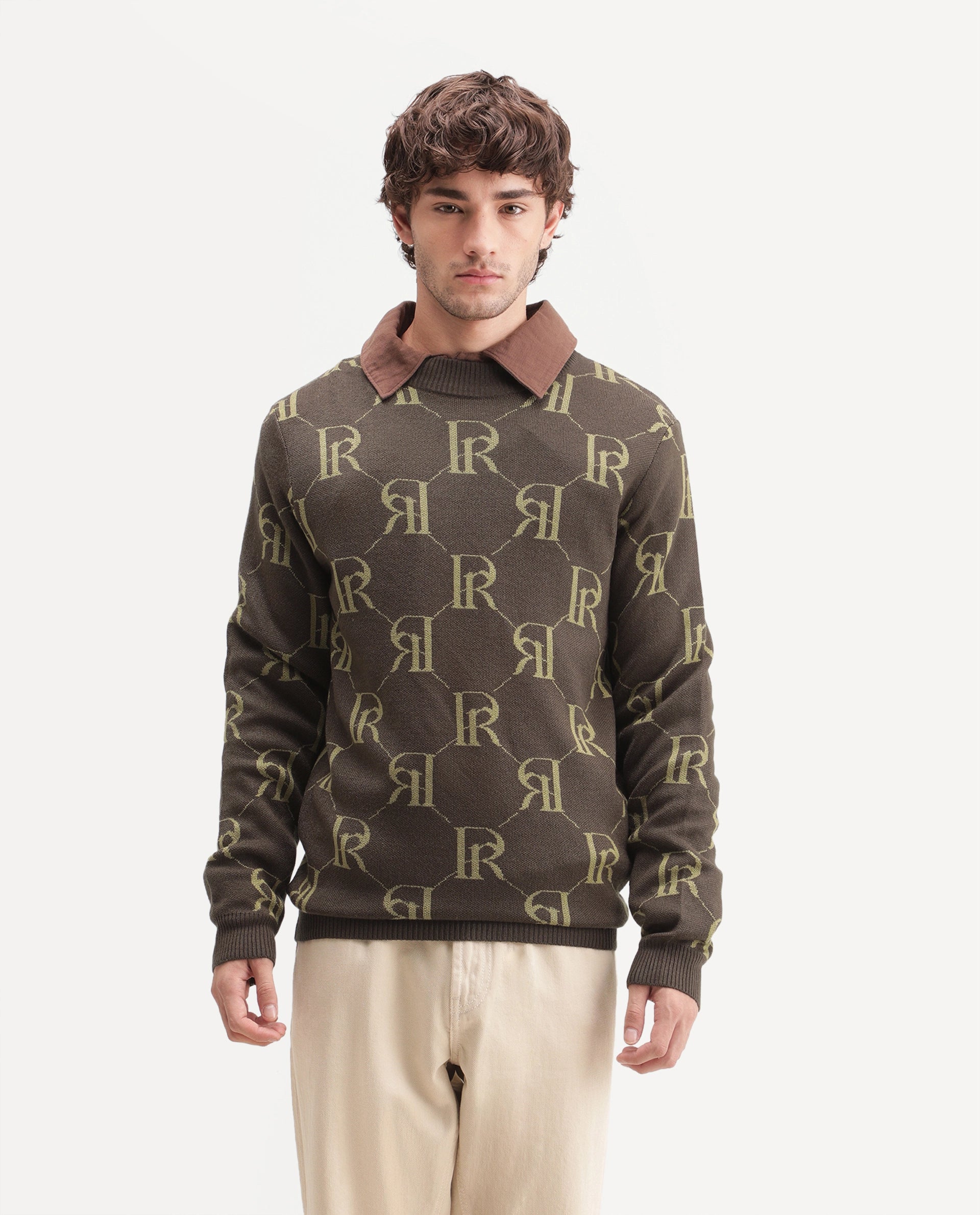 Rare Rabbit Men's Poston Brown Cotton Blend Regular Fit Monogram Print Sweater