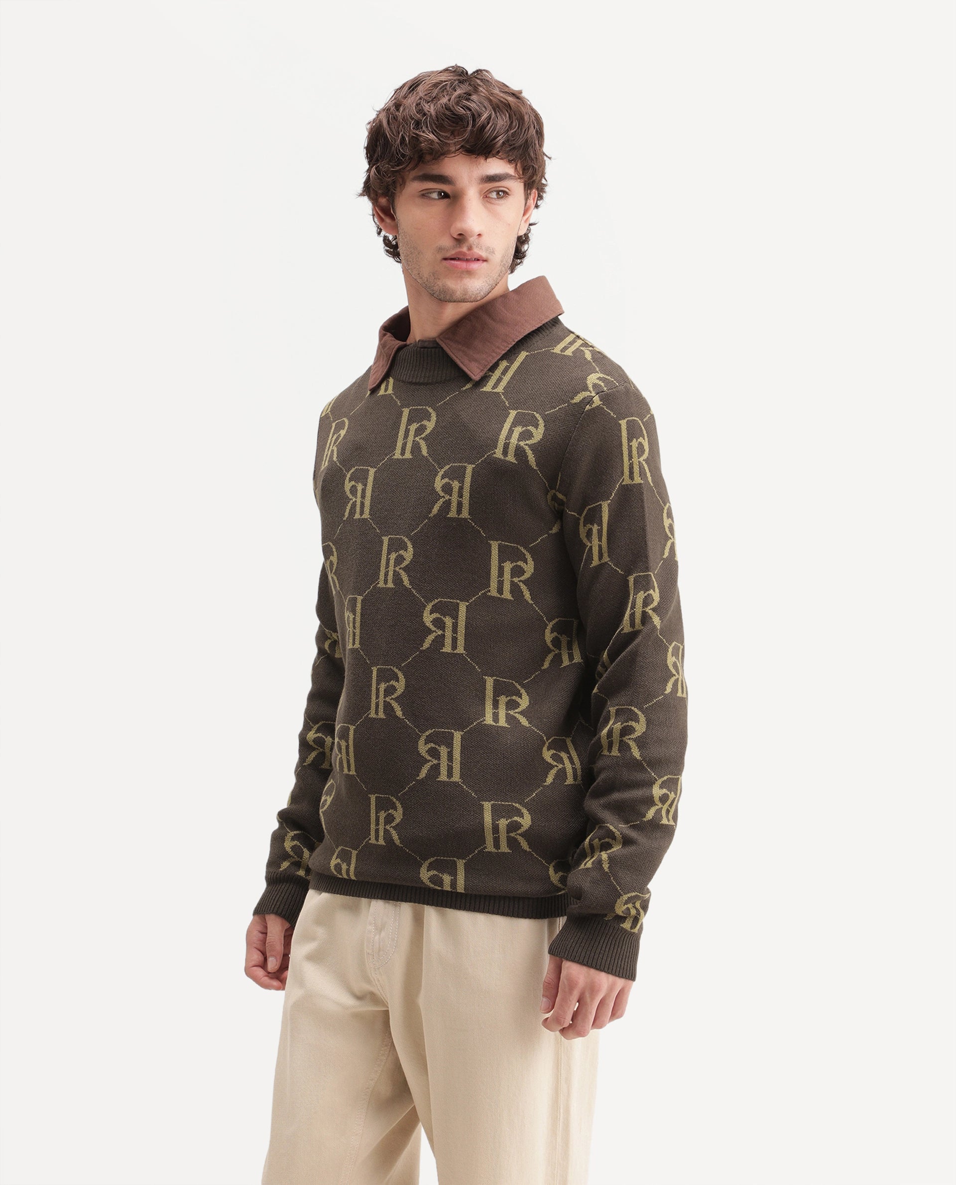 Rare Rabbit Men's Poston Brown Cotton Blend Regular Fit Monogram Print Sweater