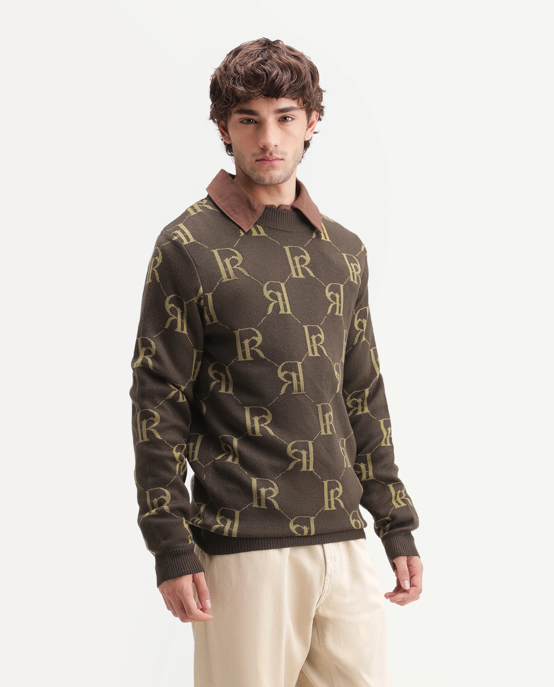 Rare Rabbit Men's Poston Brown Cotton Blend Regular Fit Monogram Print Sweater