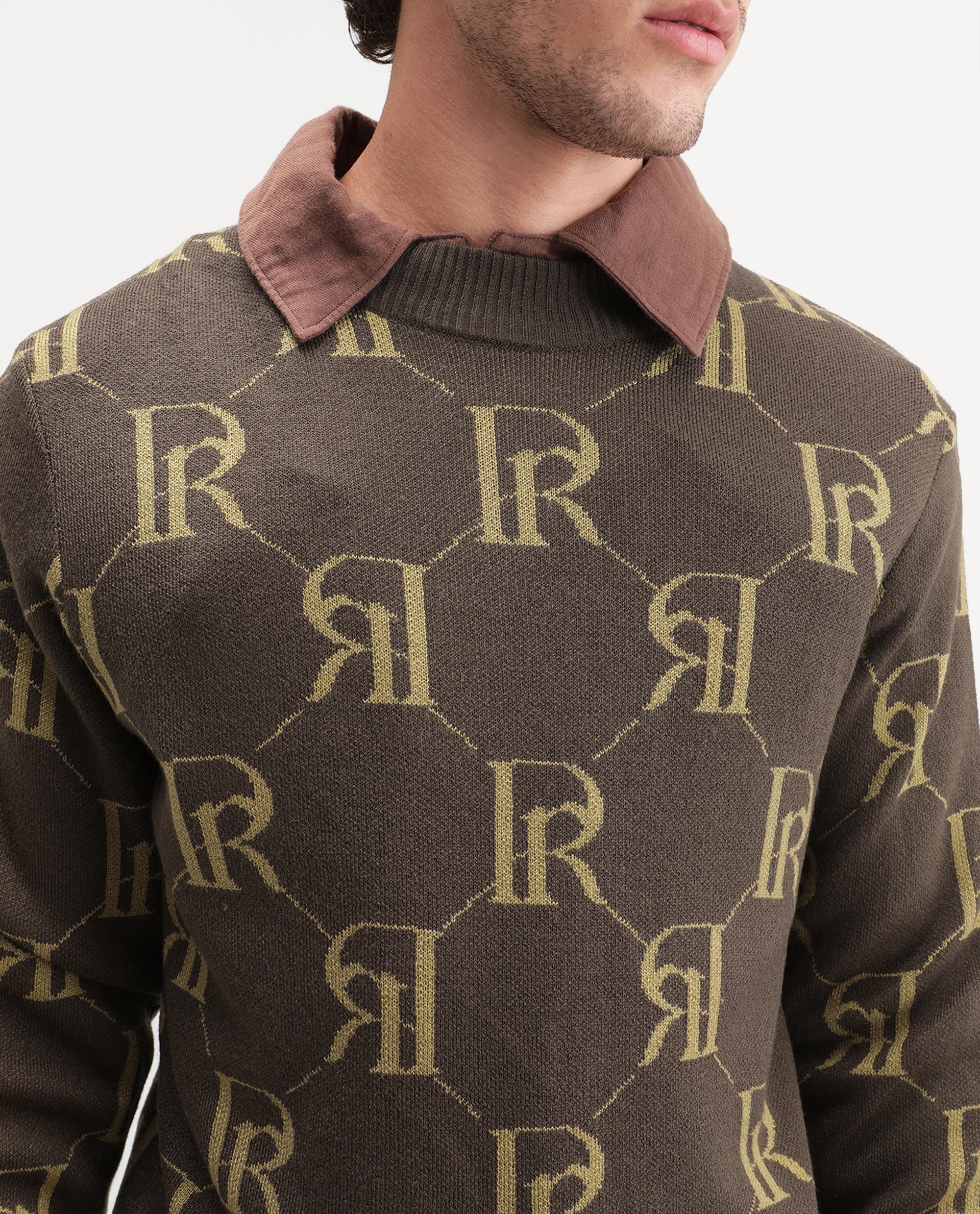 Rare Rabbit Men's Poston Brown Cotton Blend Regular Fit Monogram Print Sweater