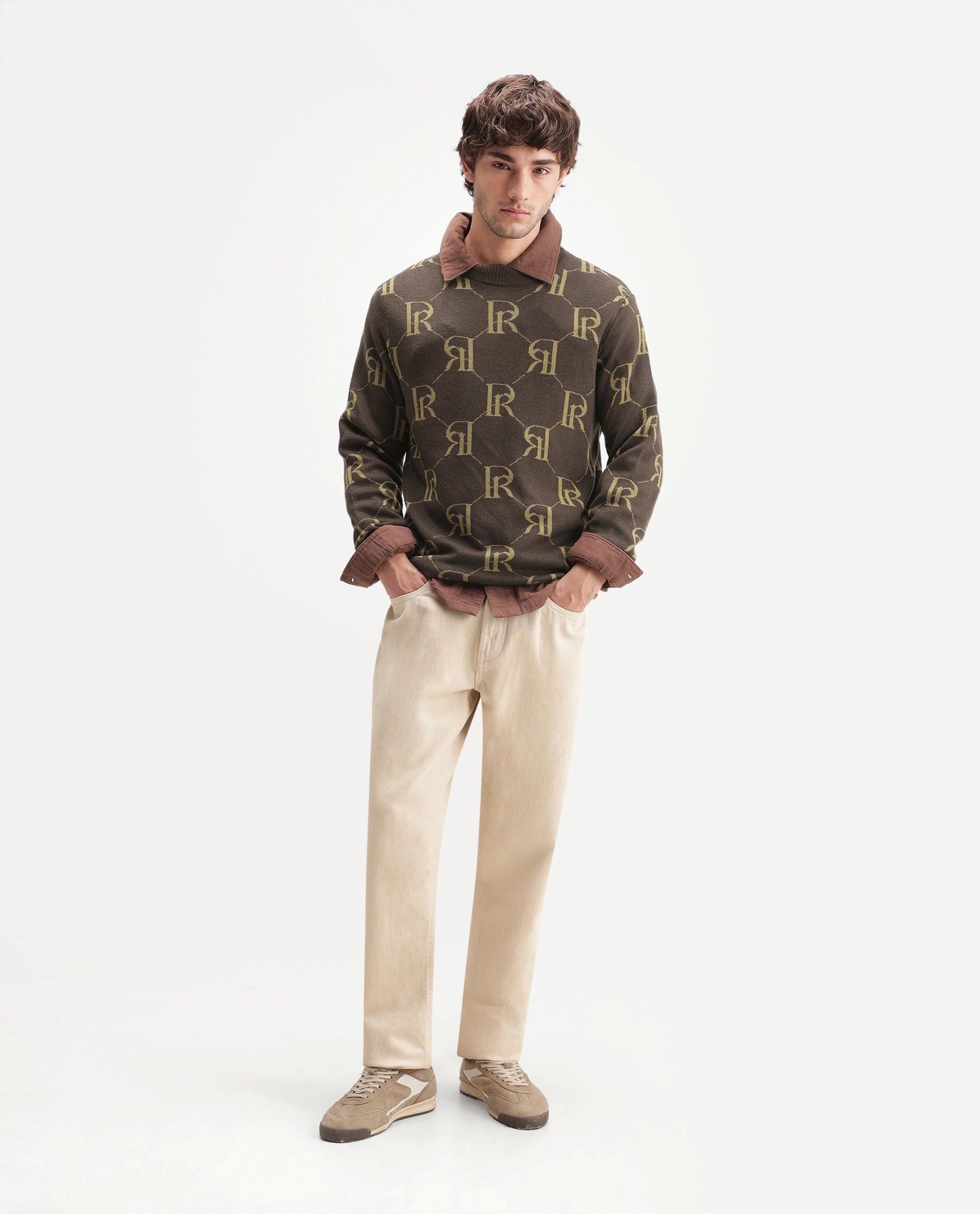 Rare Rabbit Men's Poston Brown Cotton Blend Regular Fit Monogram Print Sweater