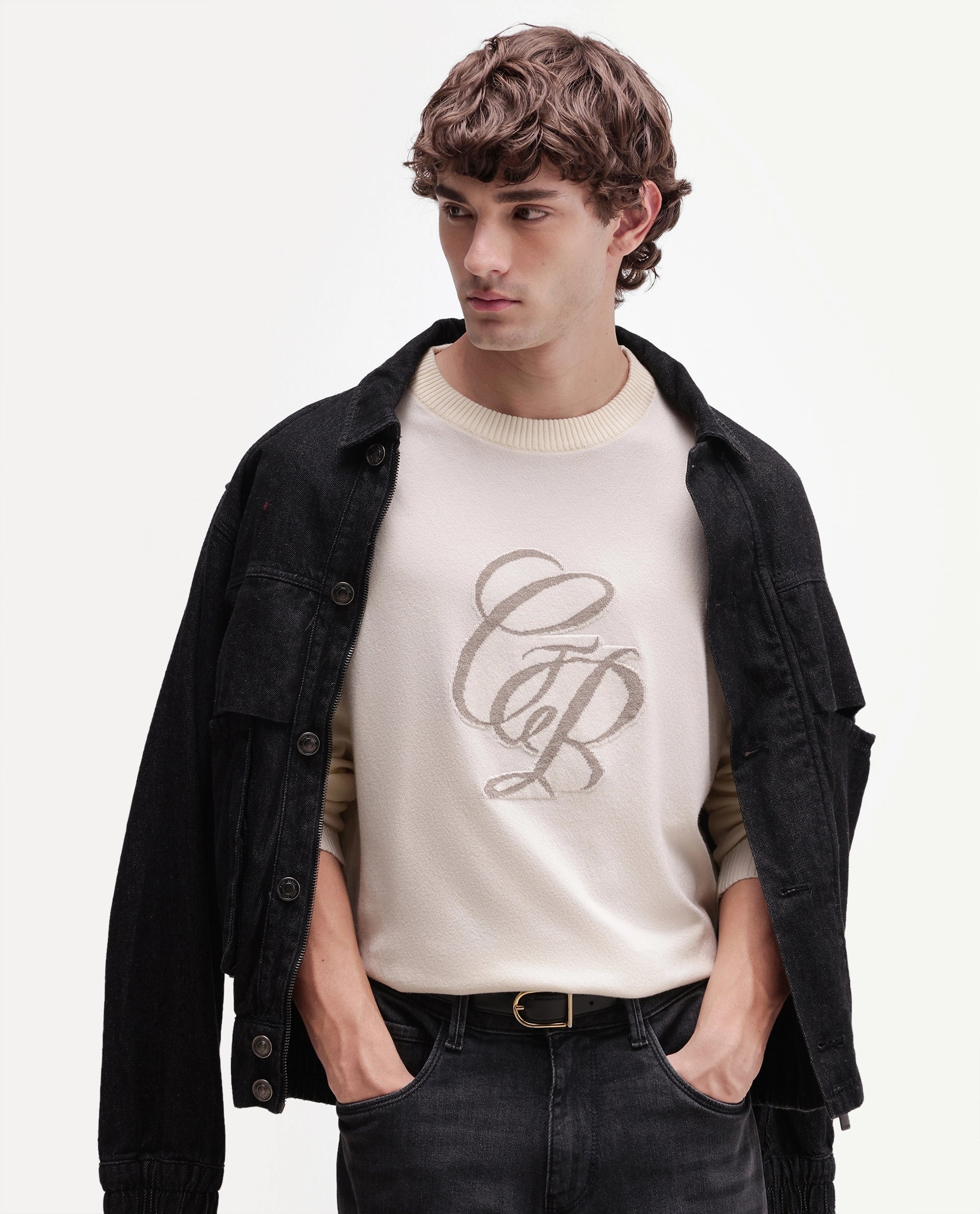 Rare Rabbit Men's Gron-A26 Off White Viscose Blend Regular Fit Viscose Blend Jacquard Sweater